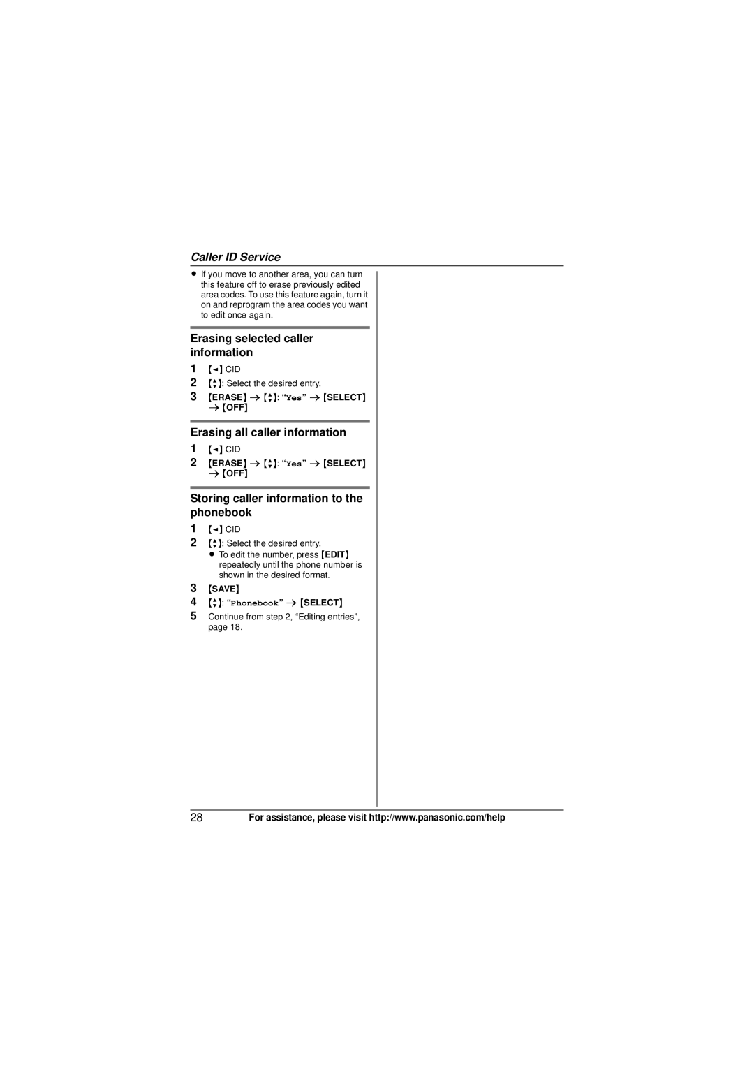 Panasonic KX-TG4134 Erasing selected caller information, Erasing all caller information, Erase sr Yes s Select sOFF 