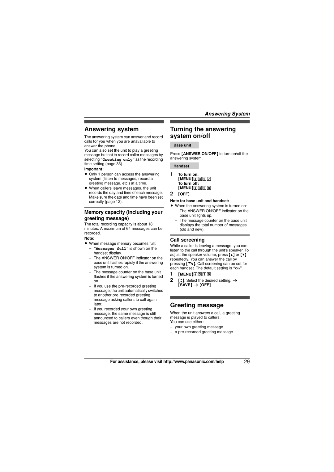 Panasonic KX-TG4134M, KX-TG4133M Answering system, Turning the answering system on/off, Greeting message, Call screening 