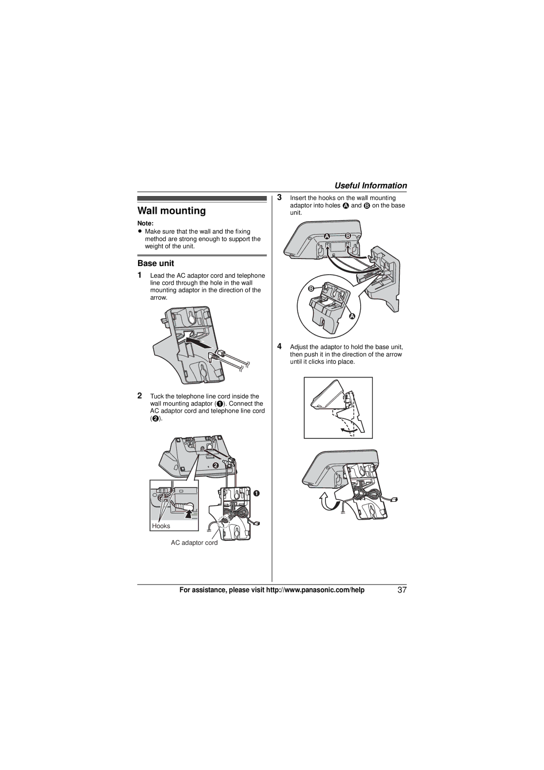 Panasonic KX-TG4132N, KX-TG4133M, KX-TG4134M operating instructions Wall mounting, Base unit 