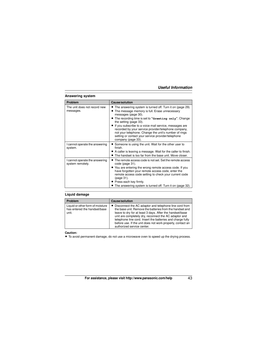 Panasonic KX-TG4132N, KX-TG4133M, KX-TG4134M operating instructions Answering system, Liquid damage 