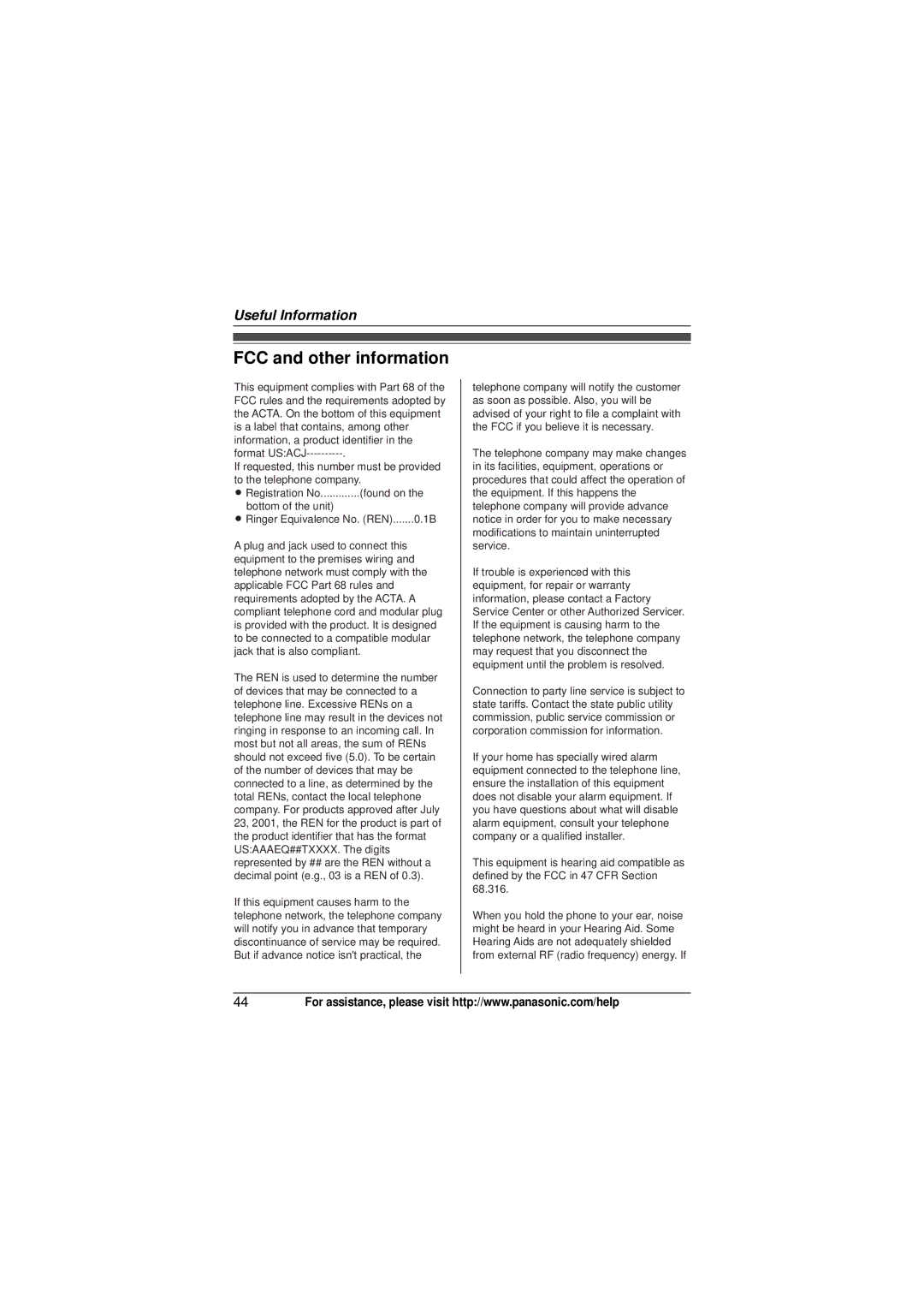 Panasonic KX-TG4133M, KX-TG4132N, KX-TG4134M operating instructions FCC and other information 