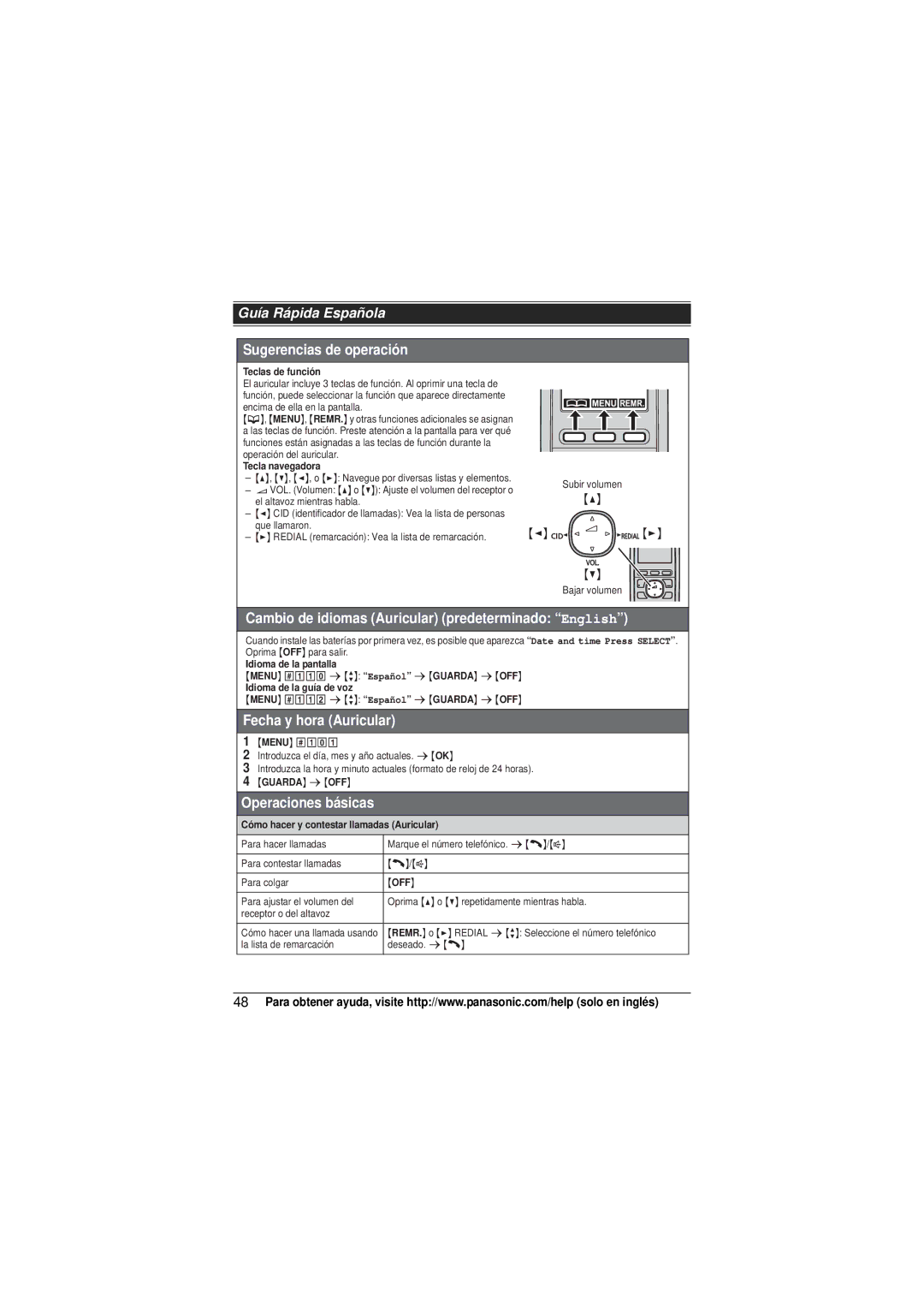 Panasonic KX-TG4133M Teclas de función, Tecla navegadora, Menu, Guarda sOFF, Cómo hacer y contestar llamadas Auricular 