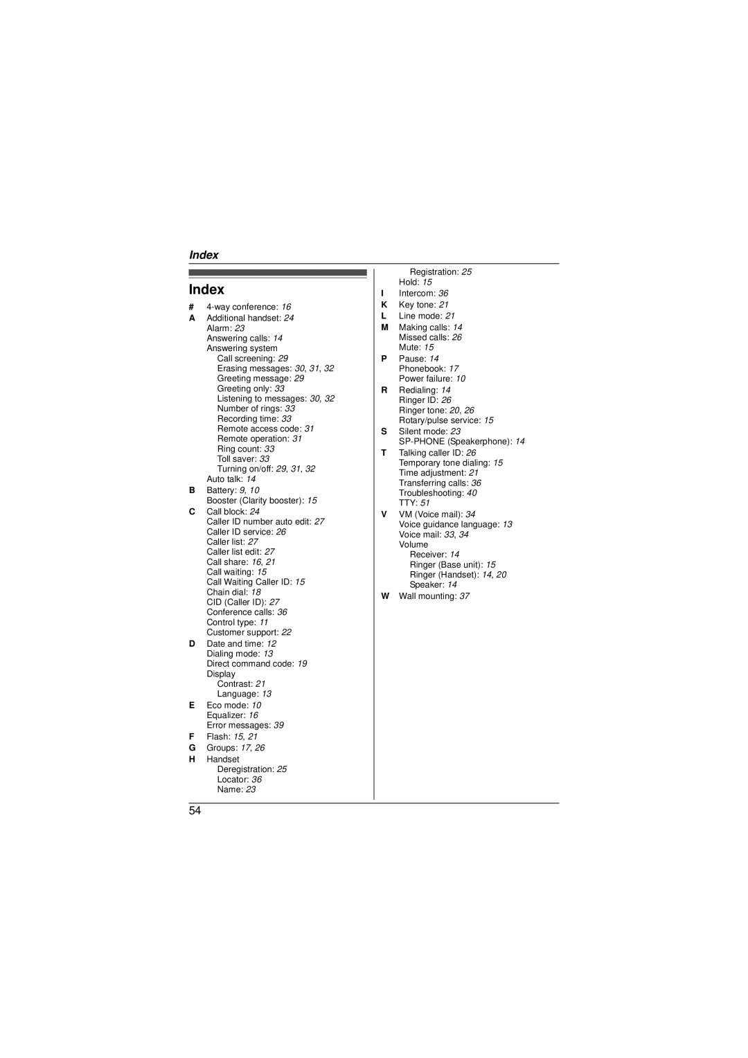 Panasonic KX-TG4133M, KX-TG4132N, KX-TG4134M operating instructions Index 