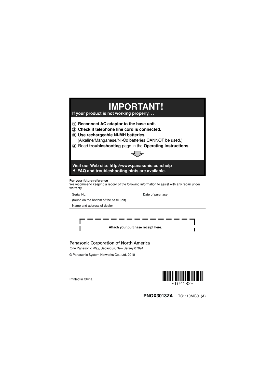 Panasonic KX-TG4132, KX-TG4133M Read troubleshooting page in the Operating Instructions, For your future reference 