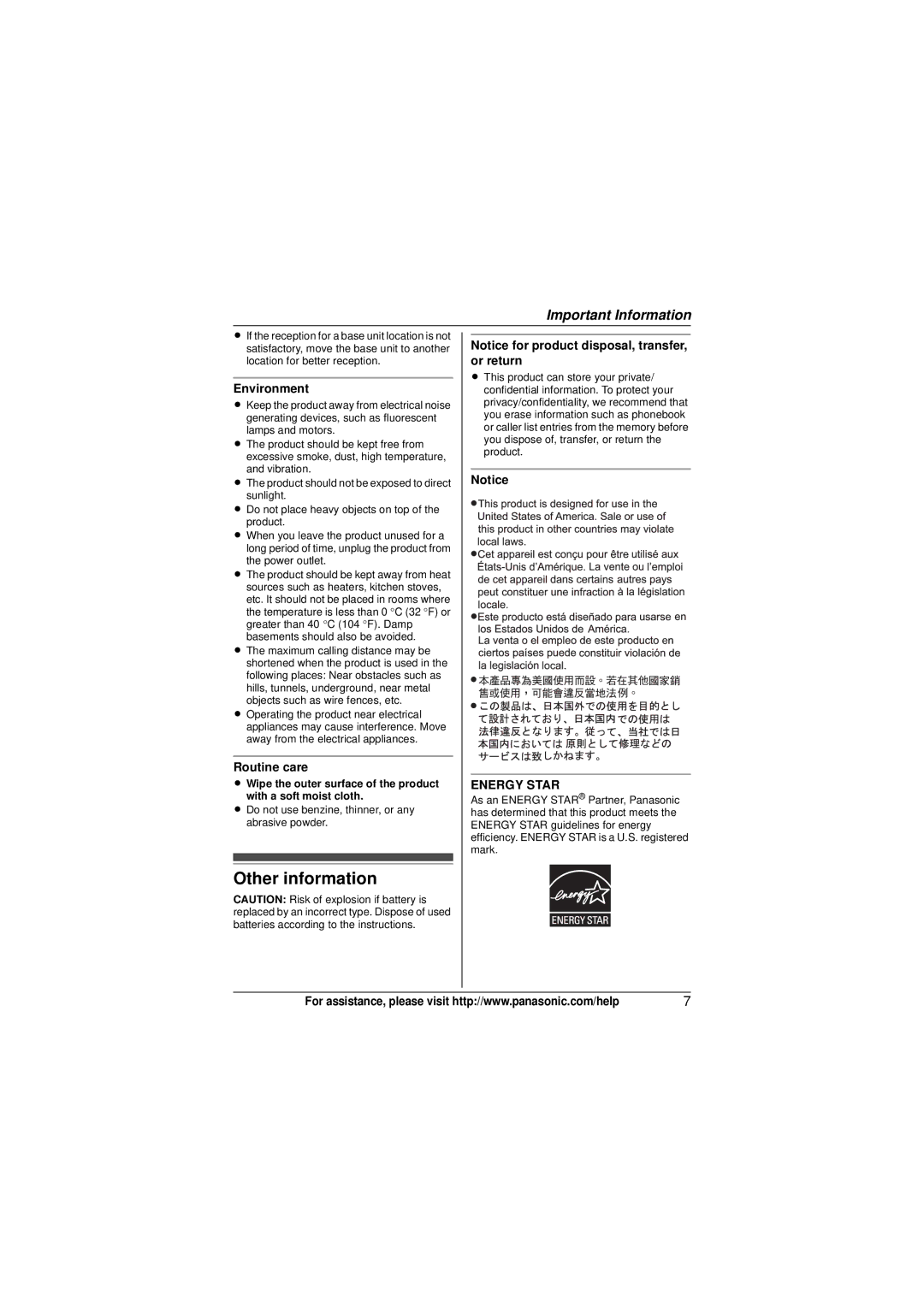 Panasonic KX-TG4132N, KX-TG4133M, KX-TG4134M operating instructions Other information, Environment, Routine care 