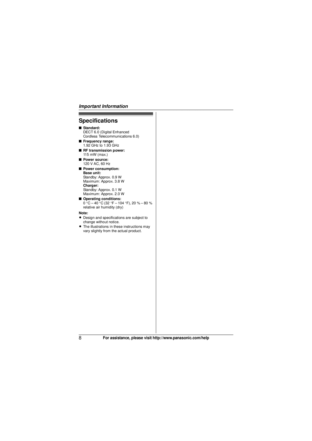 Panasonic KX-TG4133M, KX-TG4132N, KX-TG4134M operating instructions Specifications 