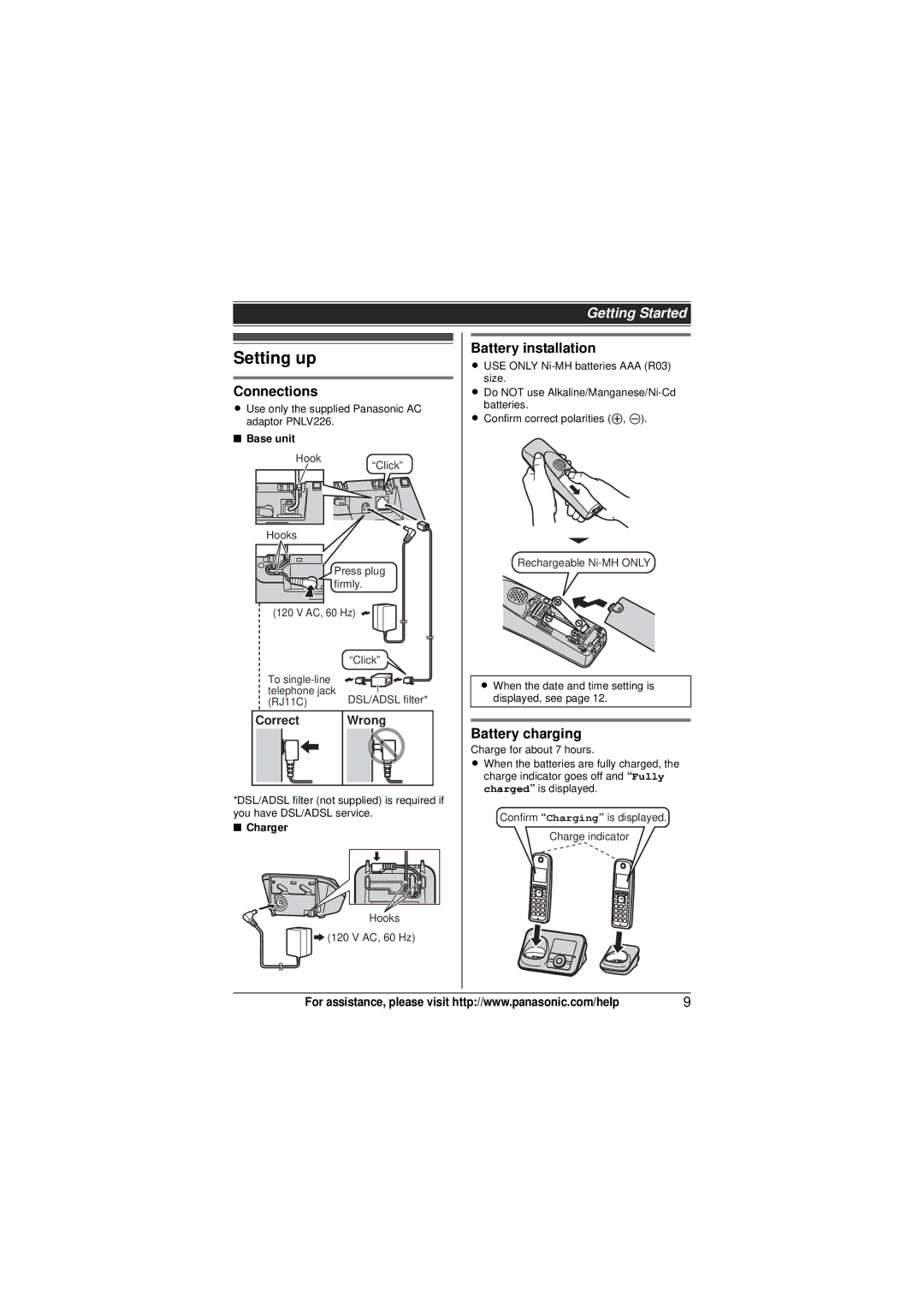 Panasonic KX-TG4133M, KX-TG4132N Setting up, Connections, Battery installation, Battery charging, Correct Wrong 