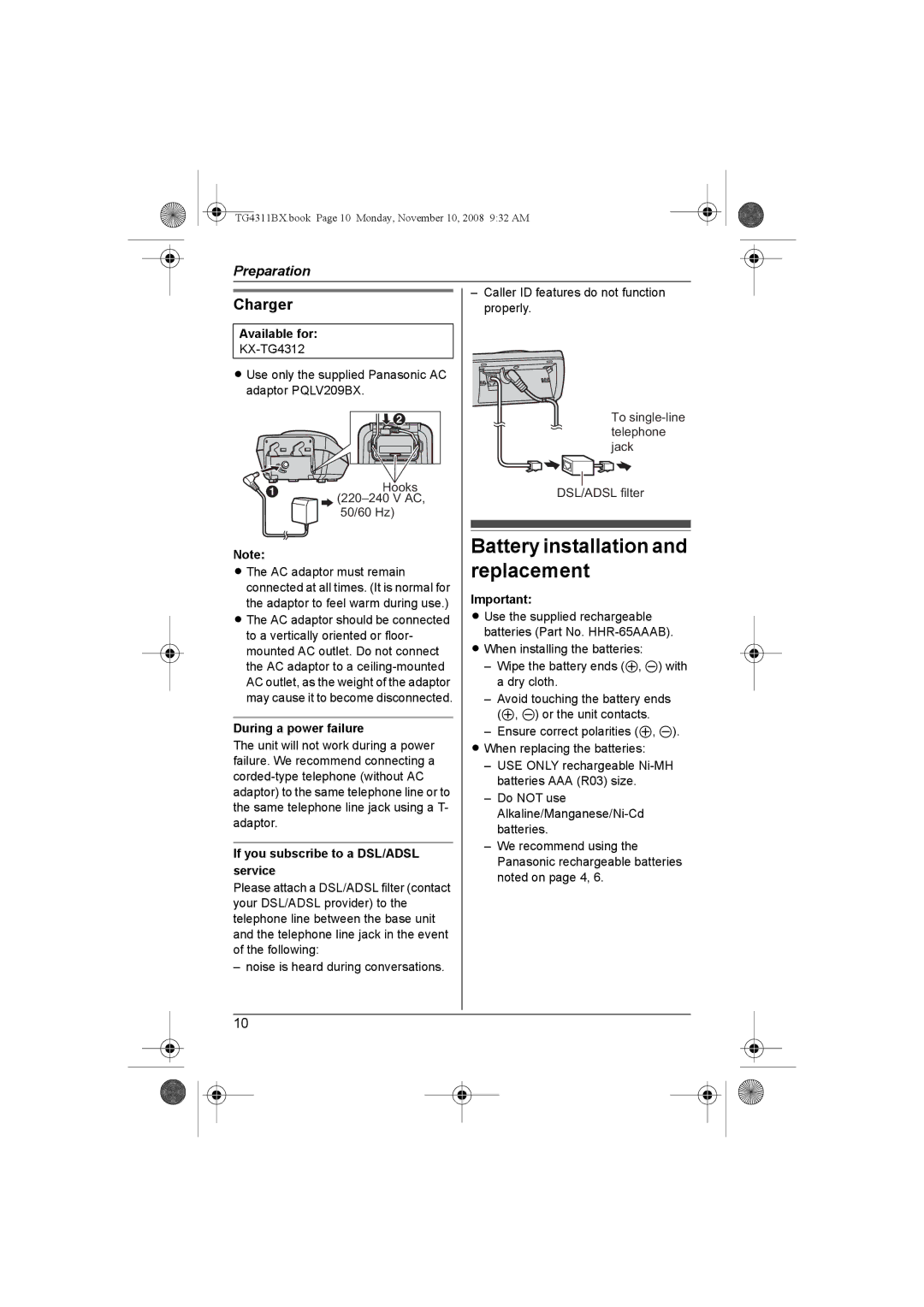 Panasonic KX-TG4311BX, KX-TG4312BX Battery installation and replacement, Charger, Available for, During a power failure 