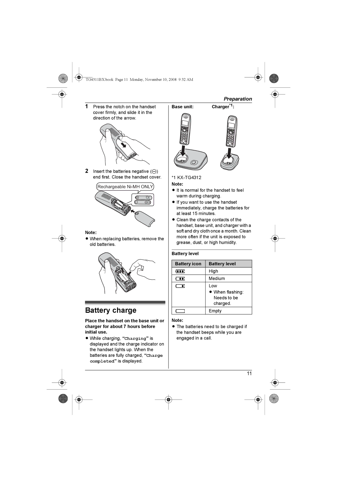 Panasonic KX-TG4312BX, KX-TG4311BX operating instructions Battery charge, Battery level Battery icon 