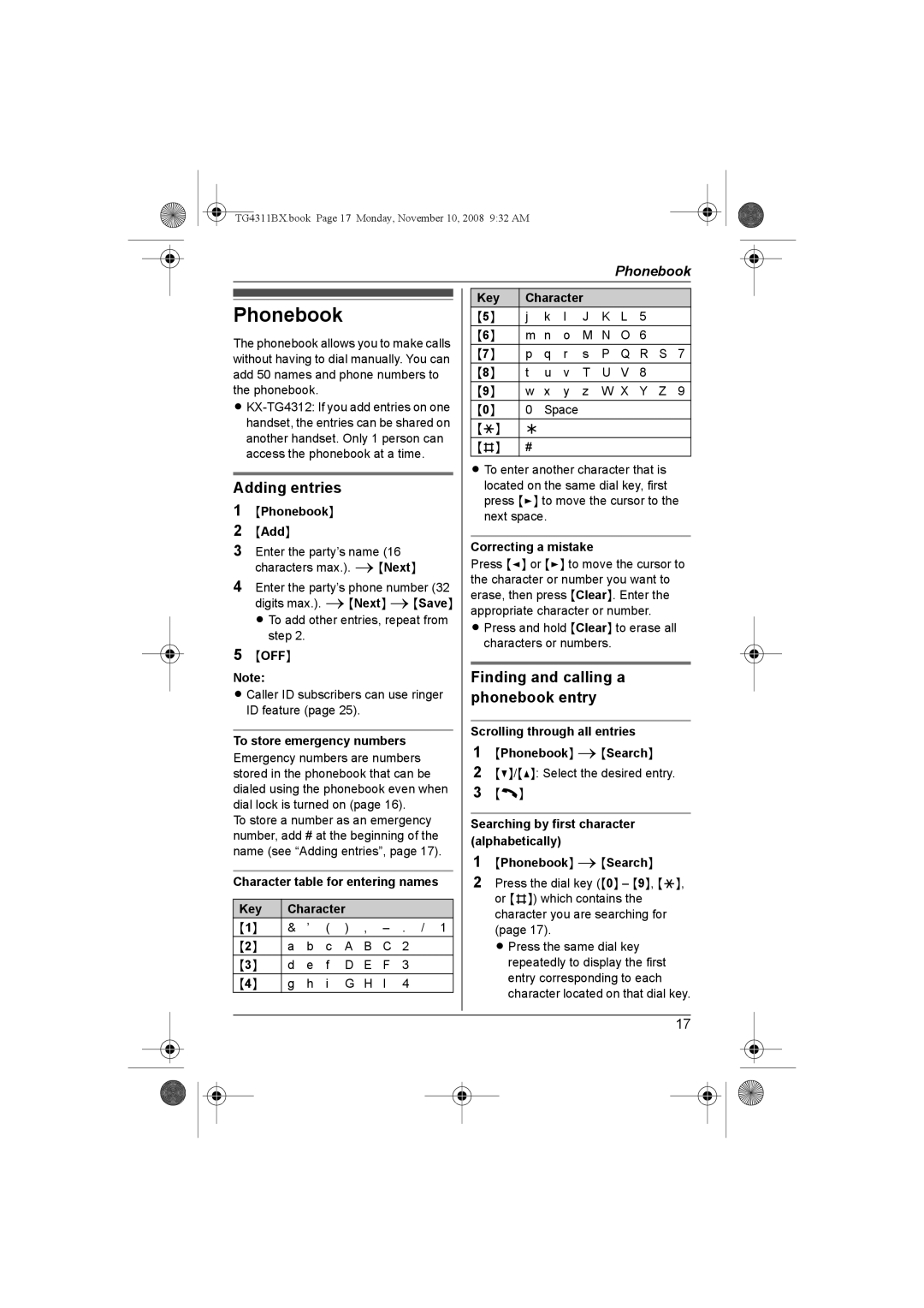 Panasonic KX-TG4312BX, KX-TG4311BX operating instructions Phonebook, Adding entries, Finding and calling a phonebook entry 