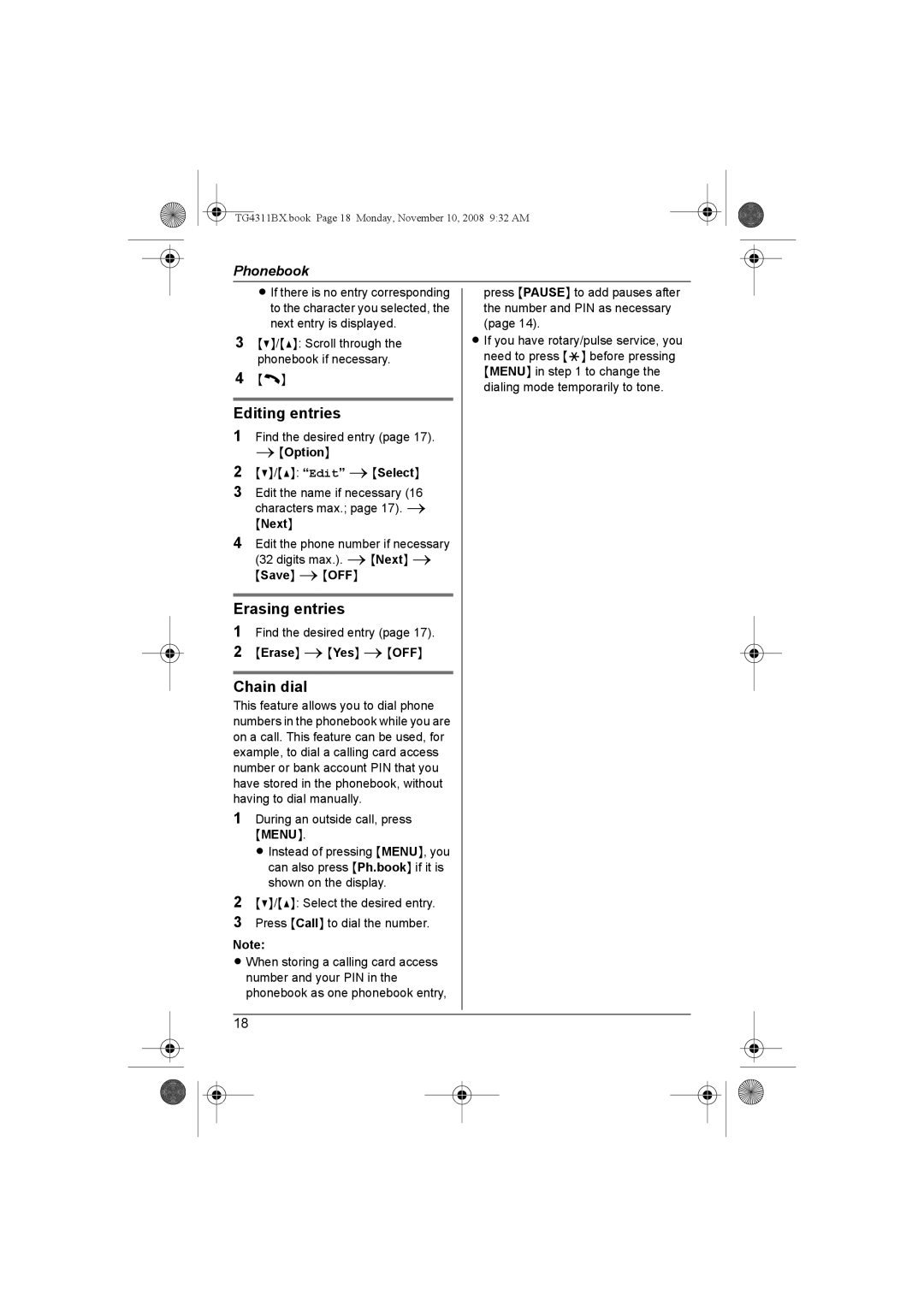 Panasonic KX-TG4311BX, KX-TG4312BX Editing entries, Erasing entries, Chain dial, Next, Erase iYes iOFF 