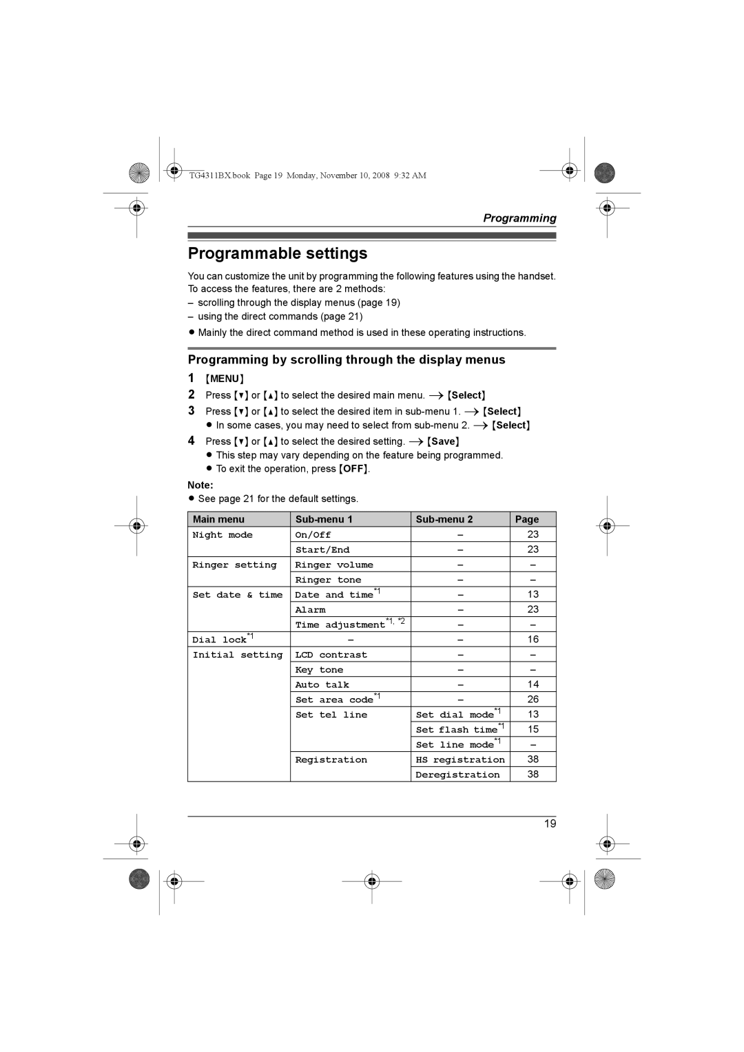 Panasonic KX-TG4312BX Programmable settings, Programming by scrolling through the display menus, Menu, Main menu Sub-menu 