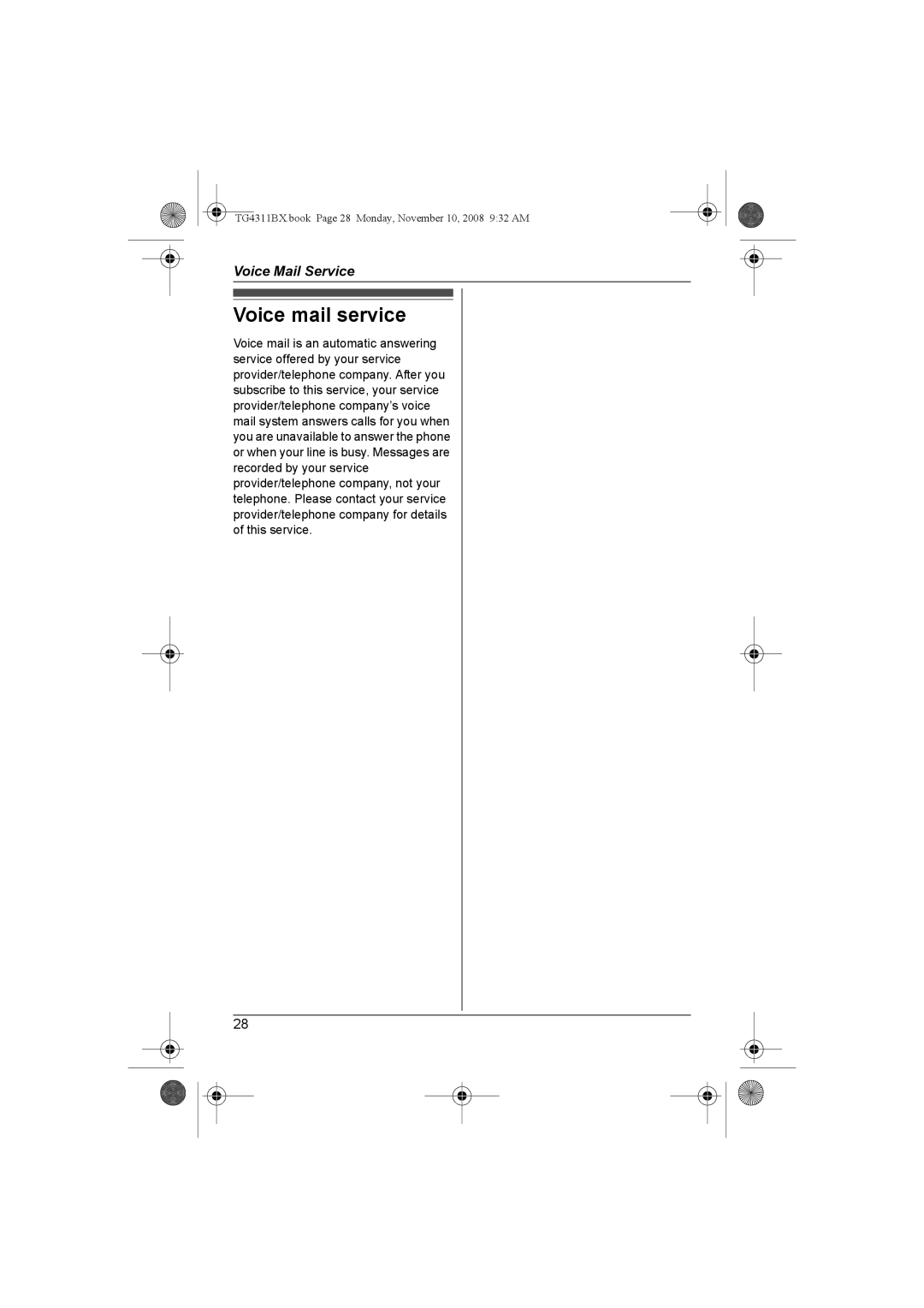 Panasonic KX-TG4311BX, KX-TG4312BX operating instructions Voice mail service 