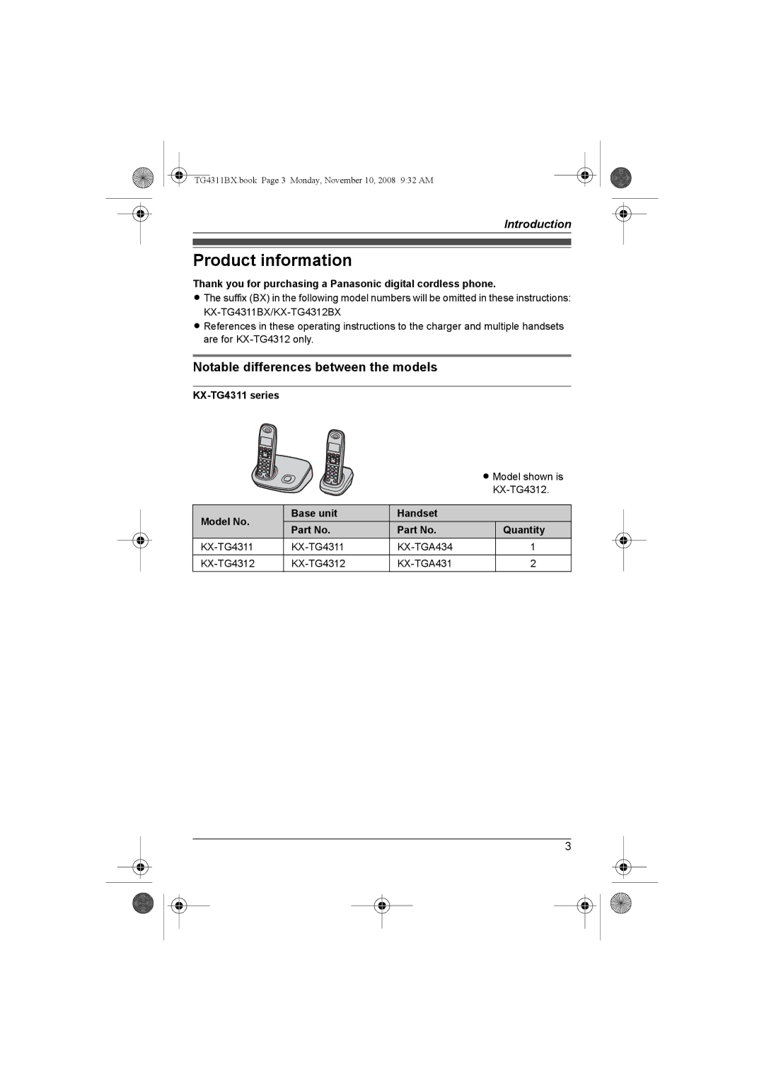 Panasonic KX-TG4312BX, KX-TG4311BX Product information, Notable differences between the models, KX-TG4311 series 