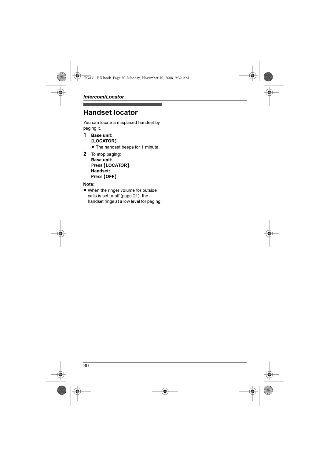 Panasonic KX-TG4311BX, KX-TG4312BX operating instructions Handset locator, Base unit Locator, Handset Press OFF 