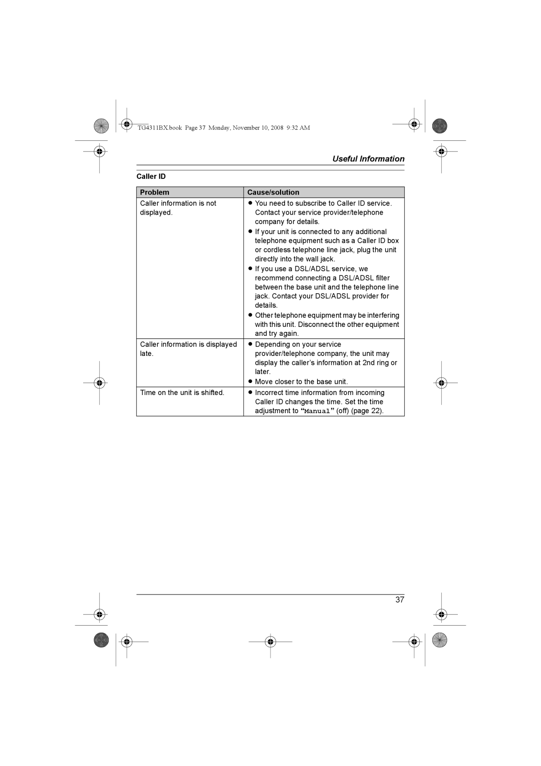 Panasonic KX-TG4312BX, KX-TG4311BX operating instructions Caller ID Problem Cause/solution 