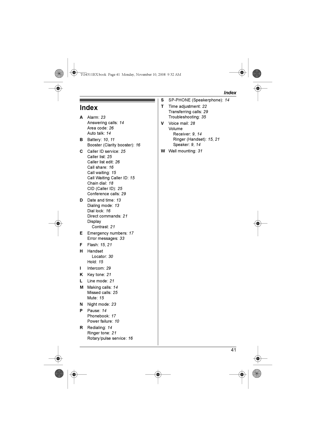 Panasonic KX-TG4312BX, KX-TG4311BX operating instructions Index 