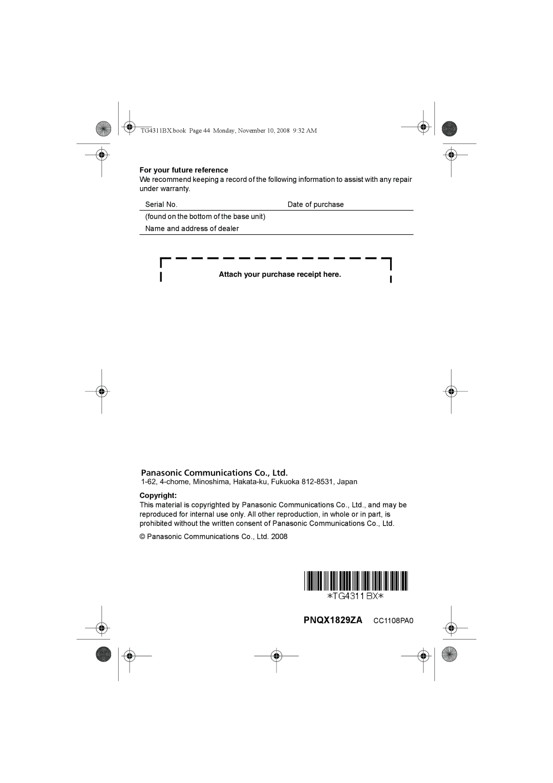 Panasonic KX-TG4311BX, KX-TG4312BX operating instructions PNQX1829ZA CC1108PA0, For your future reference, Copyright 