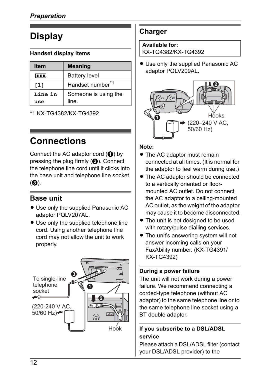 Panasonic KX-TG4382NZ, KX-TG4392NZ, KX-TG4381NZ, KX-TG4391NZ operating instructions Display, Connections, Charger 