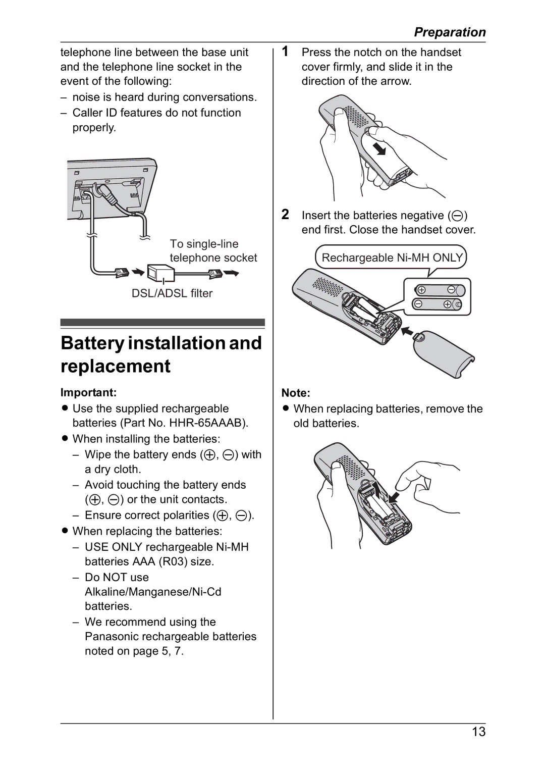 Panasonic KX-TG4392NZ, KX-TG4382NZ, KX-TG4381NZ, KX-TG4391NZ operating instructions Battery installation and replacement 