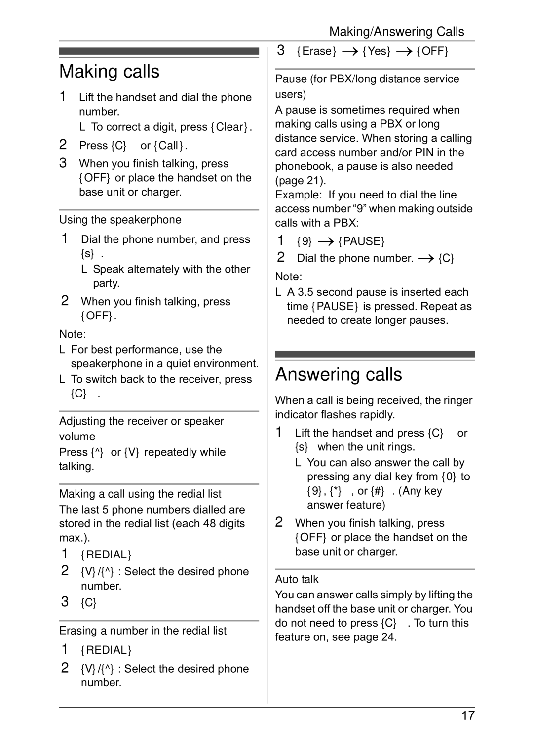 Panasonic KX-TG4392NZ, KX-TG4382NZ, KX-TG4381NZ, KX-TG4391NZ operating instructions Making calls, Answering calls 