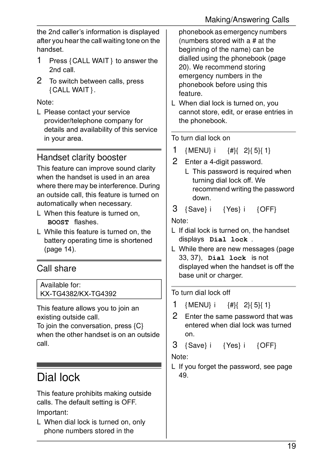 Panasonic KX-TG4391NZ Dial lock, Handset clarity booster, Call share, To turn dial lock on, To turn dial lock off 