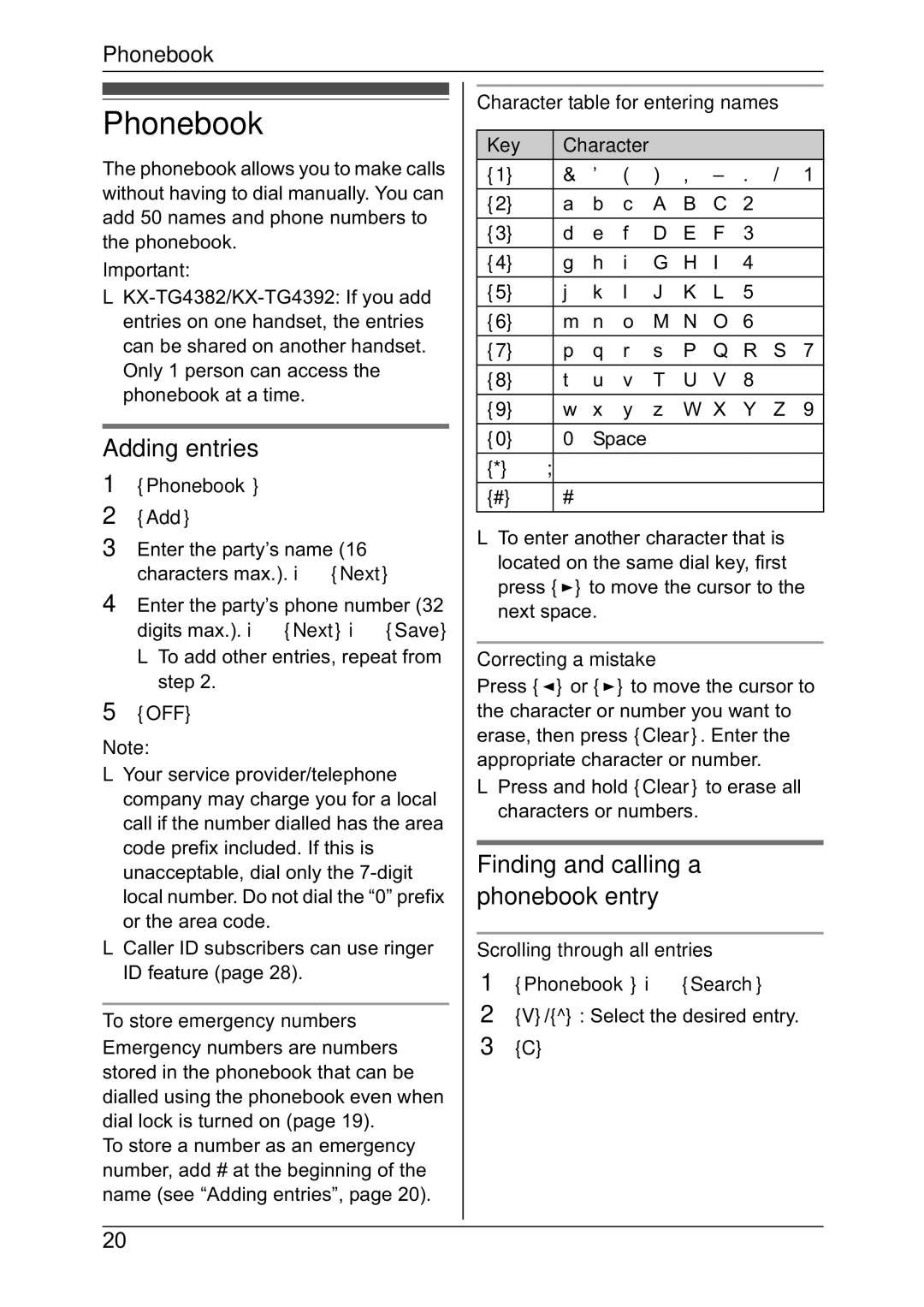 Panasonic KX-TG4382NZ, KX-TG4392NZ, KX-TG4381NZ Phonebook, Adding entries, Finding and calling a phonebook entry 