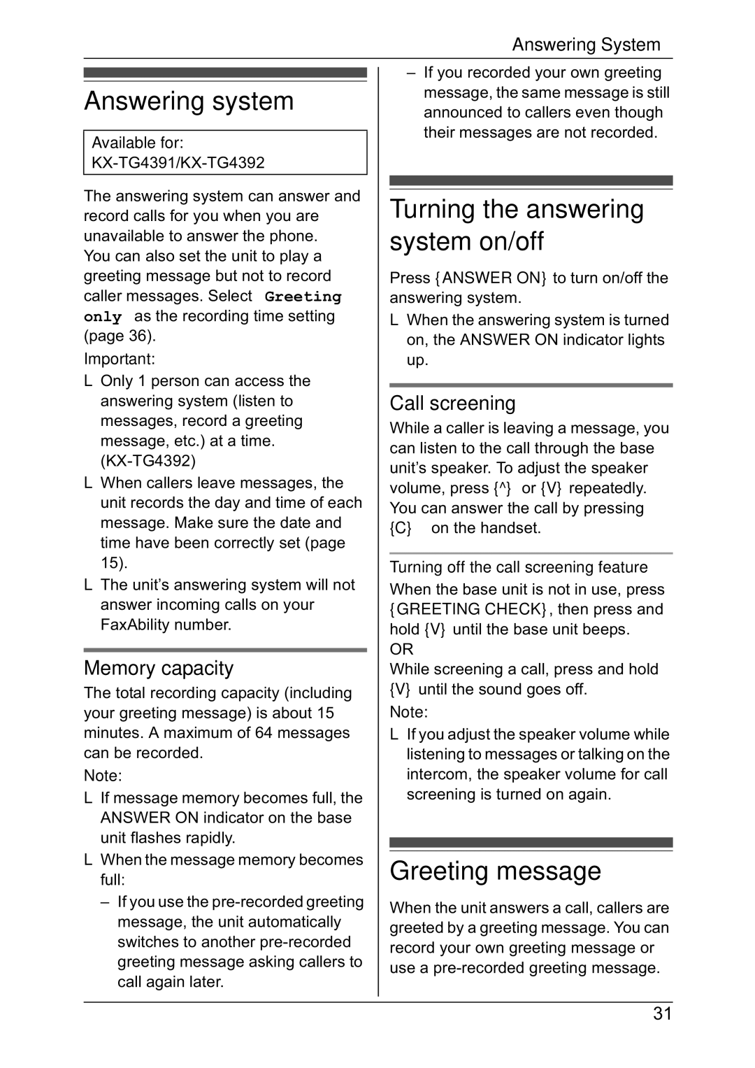 Panasonic KX-TG4391NZ, KX-TG4382NZ, KX-TG4392NZ Answering system, Greeting message, Memory capacity, Call screening 