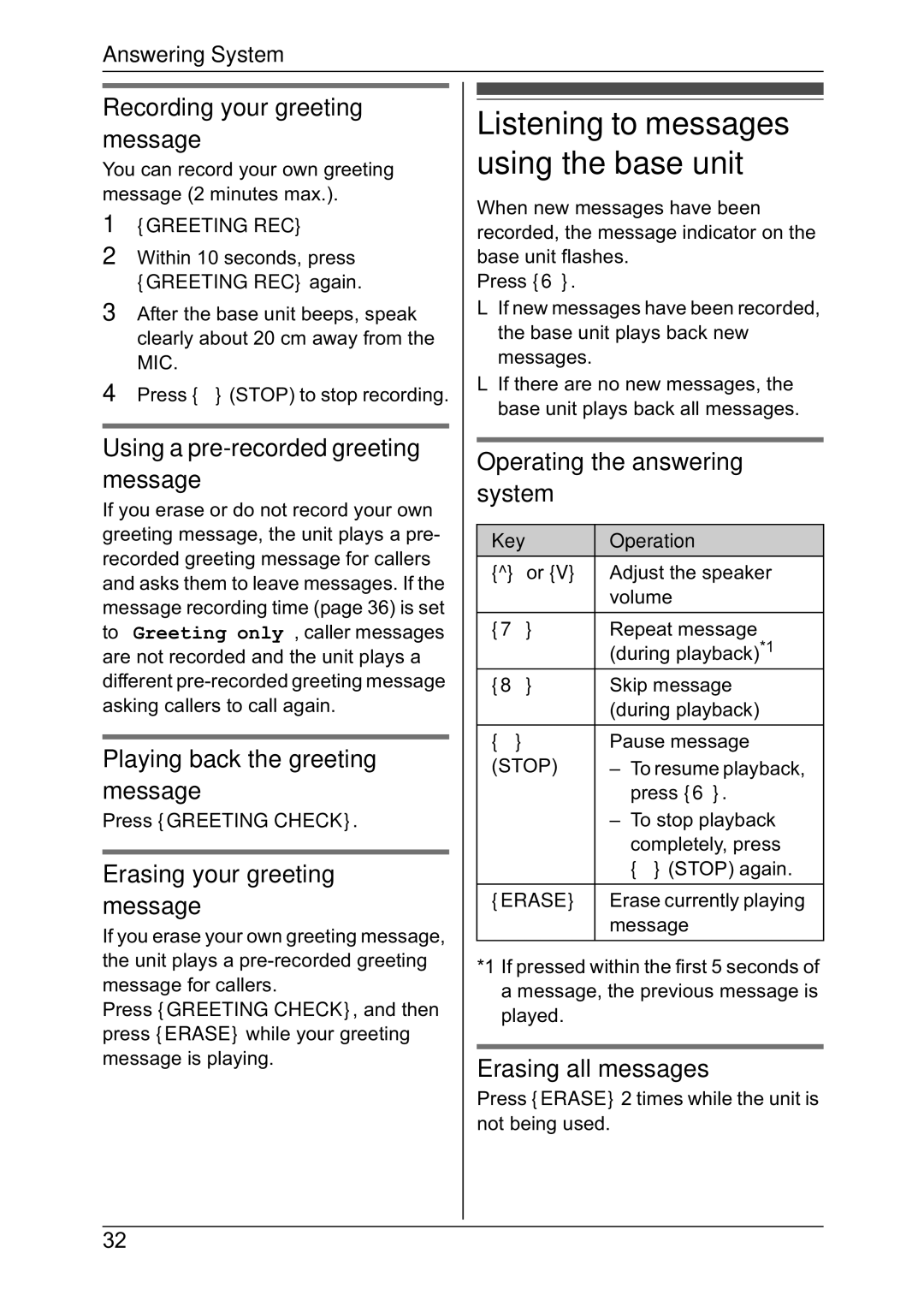 Panasonic KX-TG4382NZ Recording your greeting message, Using a pre-recorded greeting message, Erasing all messages 