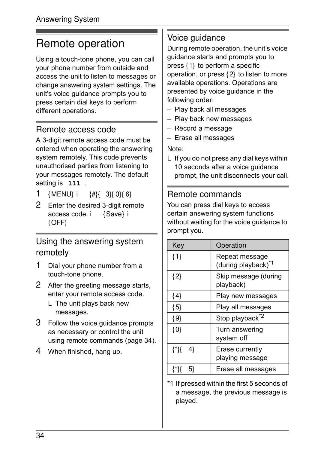 Panasonic KX-TG4381NZ Remote operation, Remote access code, Using the answering system remotely, Remote commands 