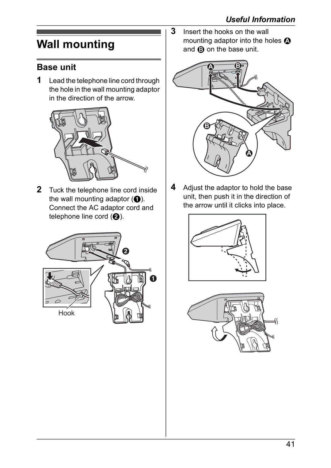 Panasonic KX-TG4392NZ, KX-TG4382NZ, KX-TG4381NZ, KX-TG4391NZ operating instructions Wall mounting, Base unit 