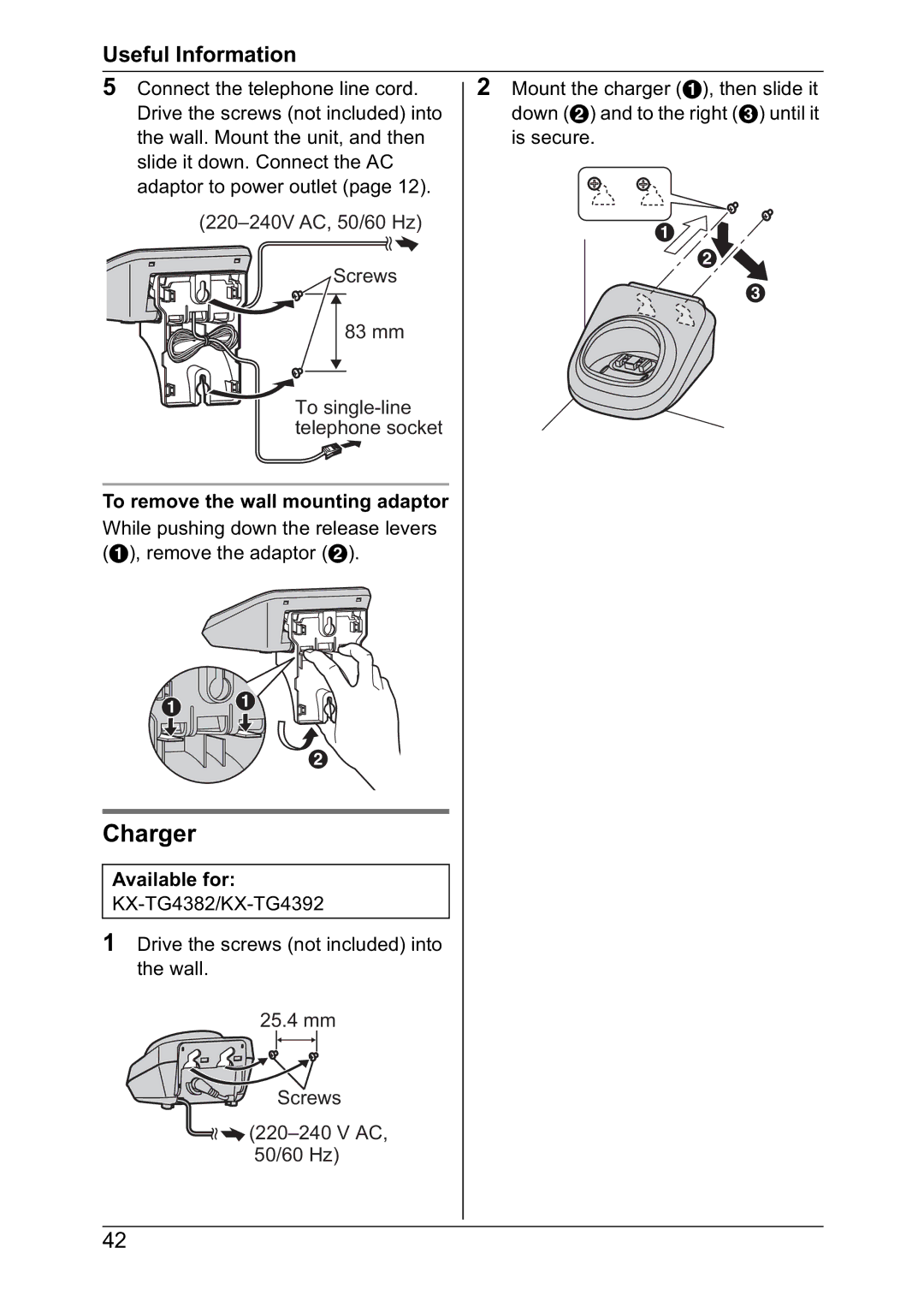 Panasonic KX-TG4381NZ, KX-TG4382NZ, KX-TG4392NZ, KX-TG4391NZ Charger, To remove the wall mounting adaptor 