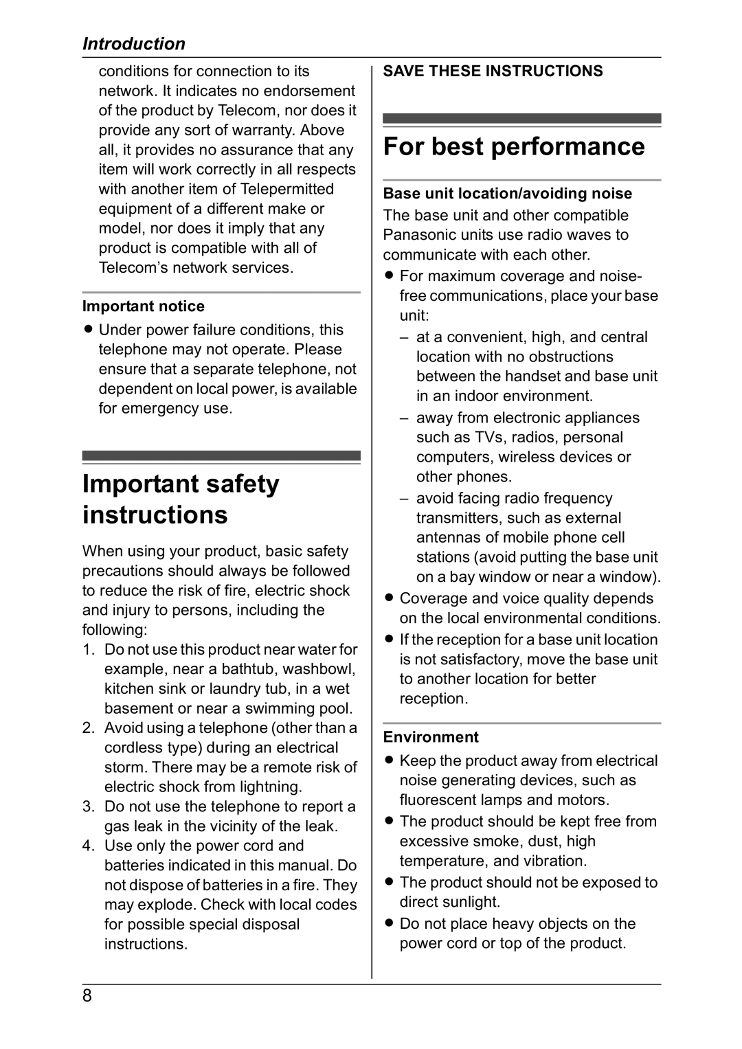 Panasonic KX-TG4382NZ, KX-TG4392NZ Important safety instructions, For best performance, Important notice, Environment 