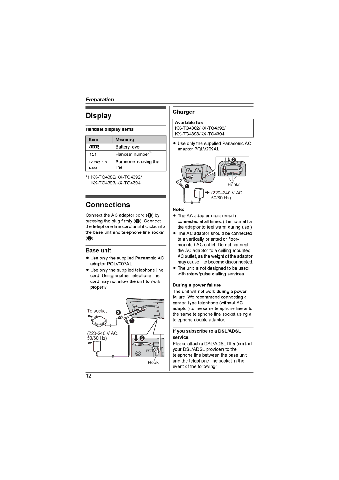 Panasonic KX-TG4381AL, KX-TG4393AL, KX-TG4392AL, KX-TG4394AL, KX-TG4382AL operating instructions Display, Connections, Charger 