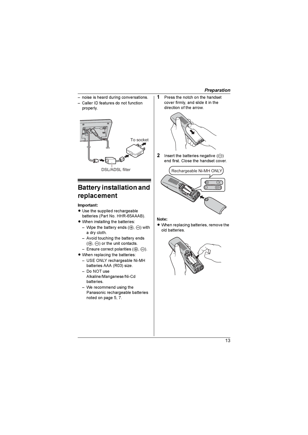 Panasonic KX-TG4394AL, KX-TG4393AL, KX-TG4392AL, KX-TG4381AL, KX-TG4382AL Battery installation and replacement 