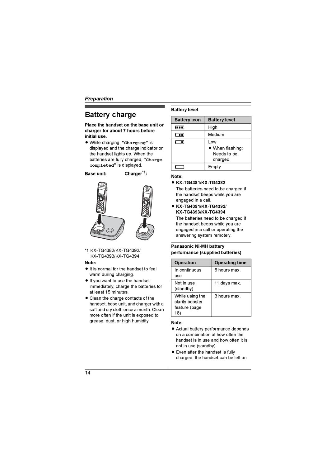 Panasonic KX-TG4382AL Battery charge, Battery level Battery icon, KX-TG4381/KX-TG4382, Operation Operating time 