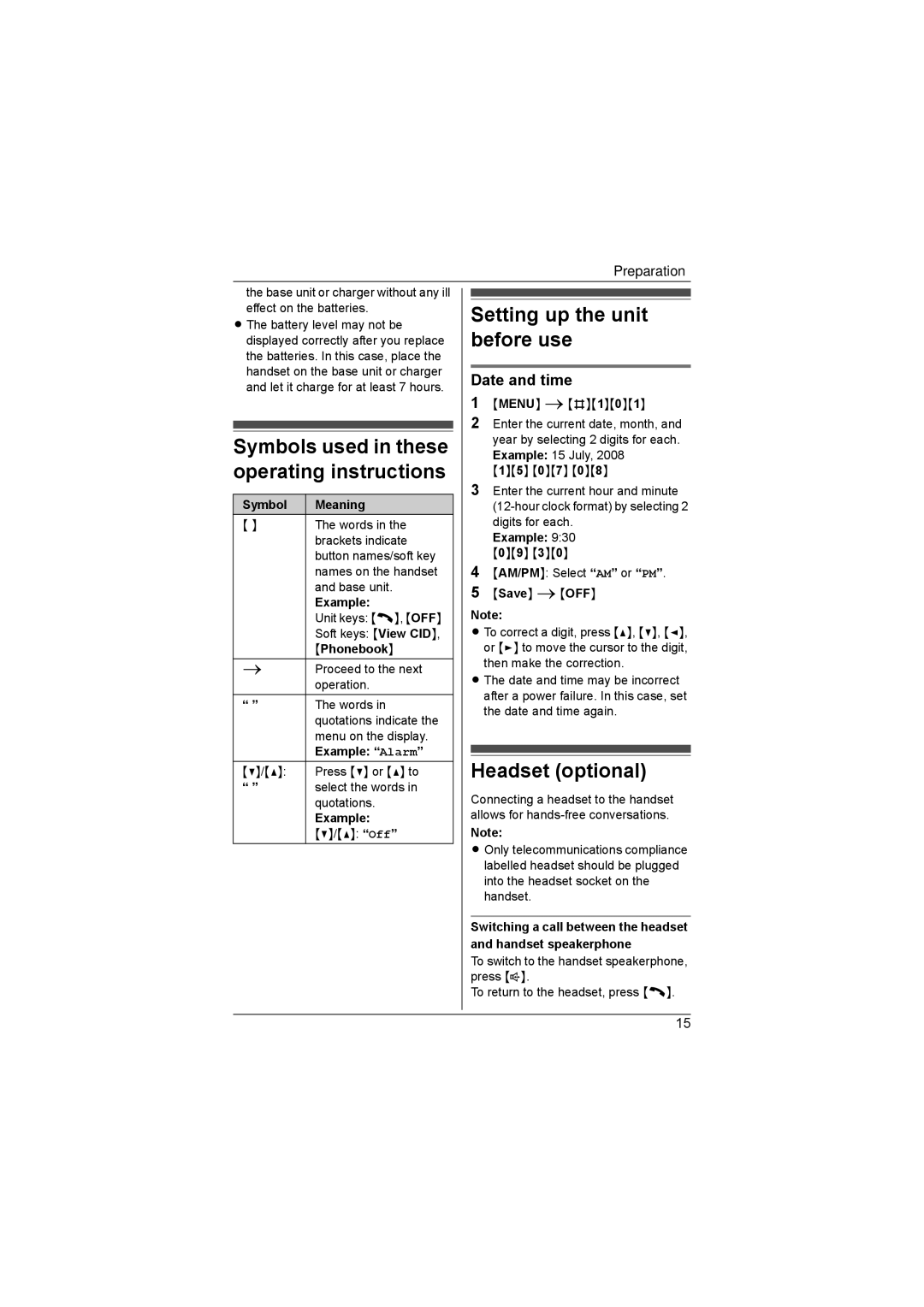 Panasonic KX-TG4393AL Symbols used in these operating instructions, Setting up the unit before use, Headset optional 