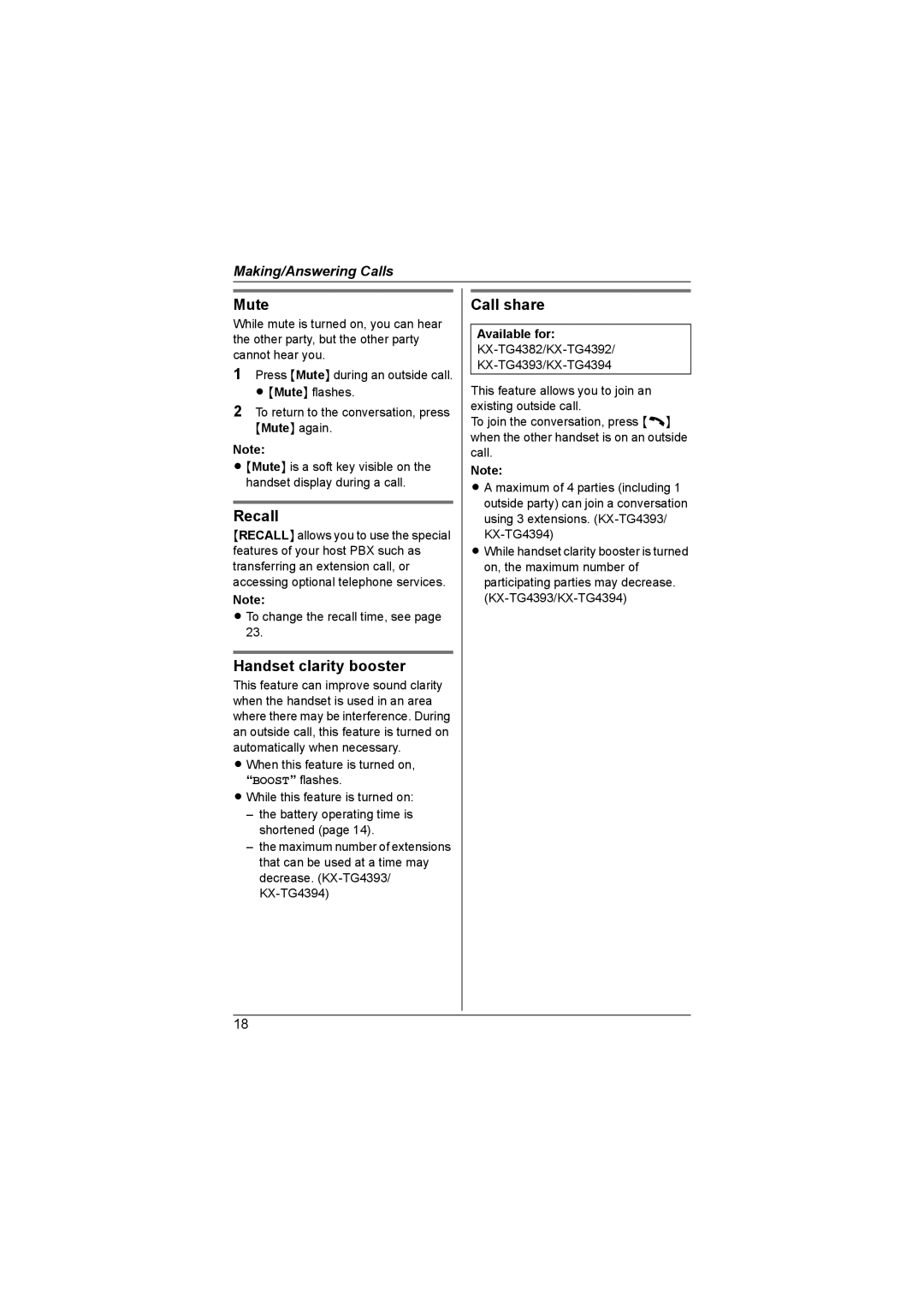 Panasonic KX-TG4394AL, KX-TG4393AL, KX-TG4392AL, KX-TG4381AL, KX-TG4382AL Mute, Recall, Handset clarity booster, Call share 