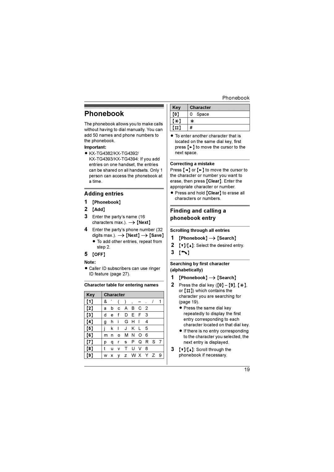 Panasonic KX-TG4382AL, KX-TG4393AL, KX-TG4392AL Phonebook, Adding entries, Finding and calling a phonebook entry 