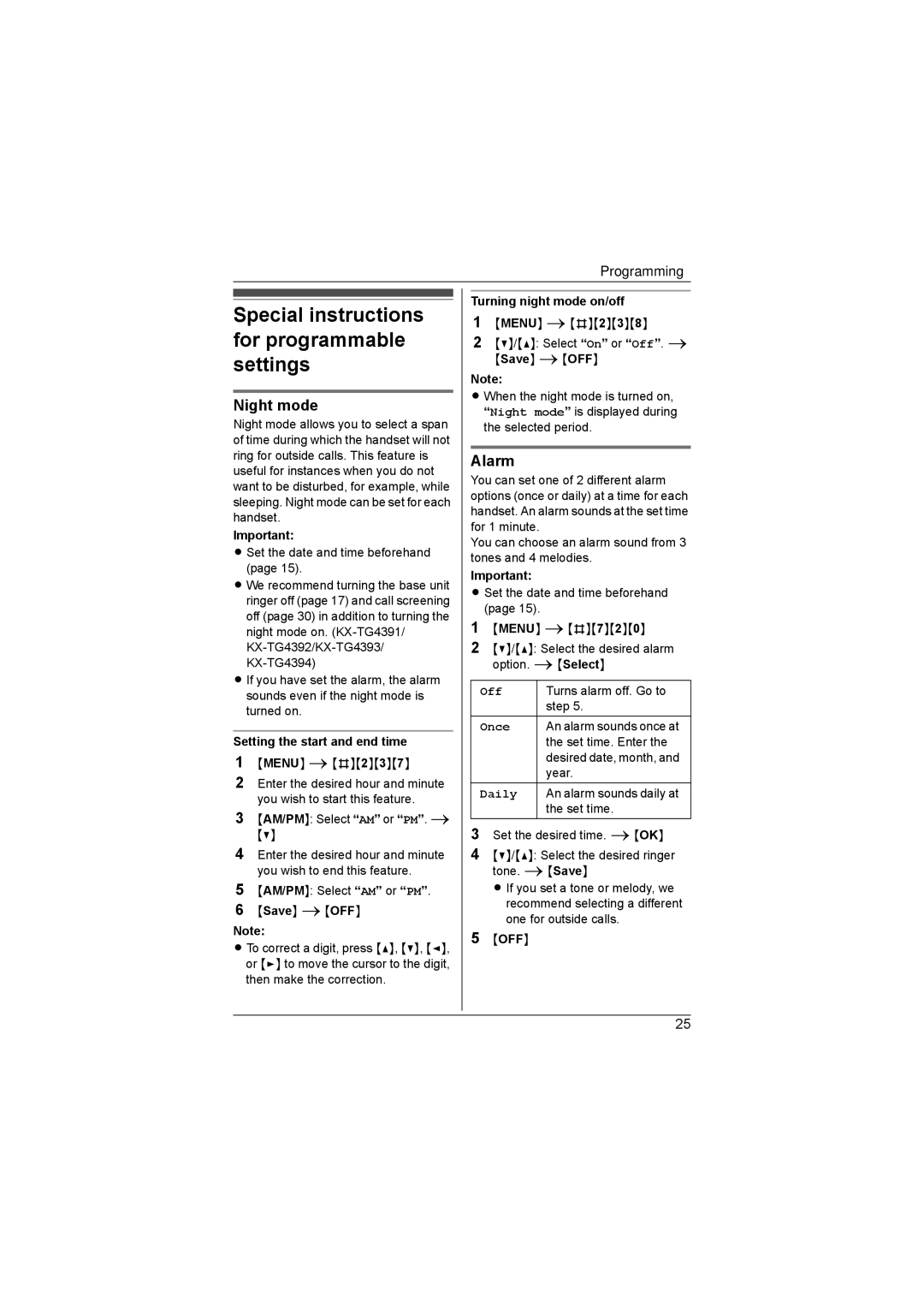 Panasonic KX-TG4393AL Special instructions for programmable settings, Night mode, Alarm, Setting the start and end time 