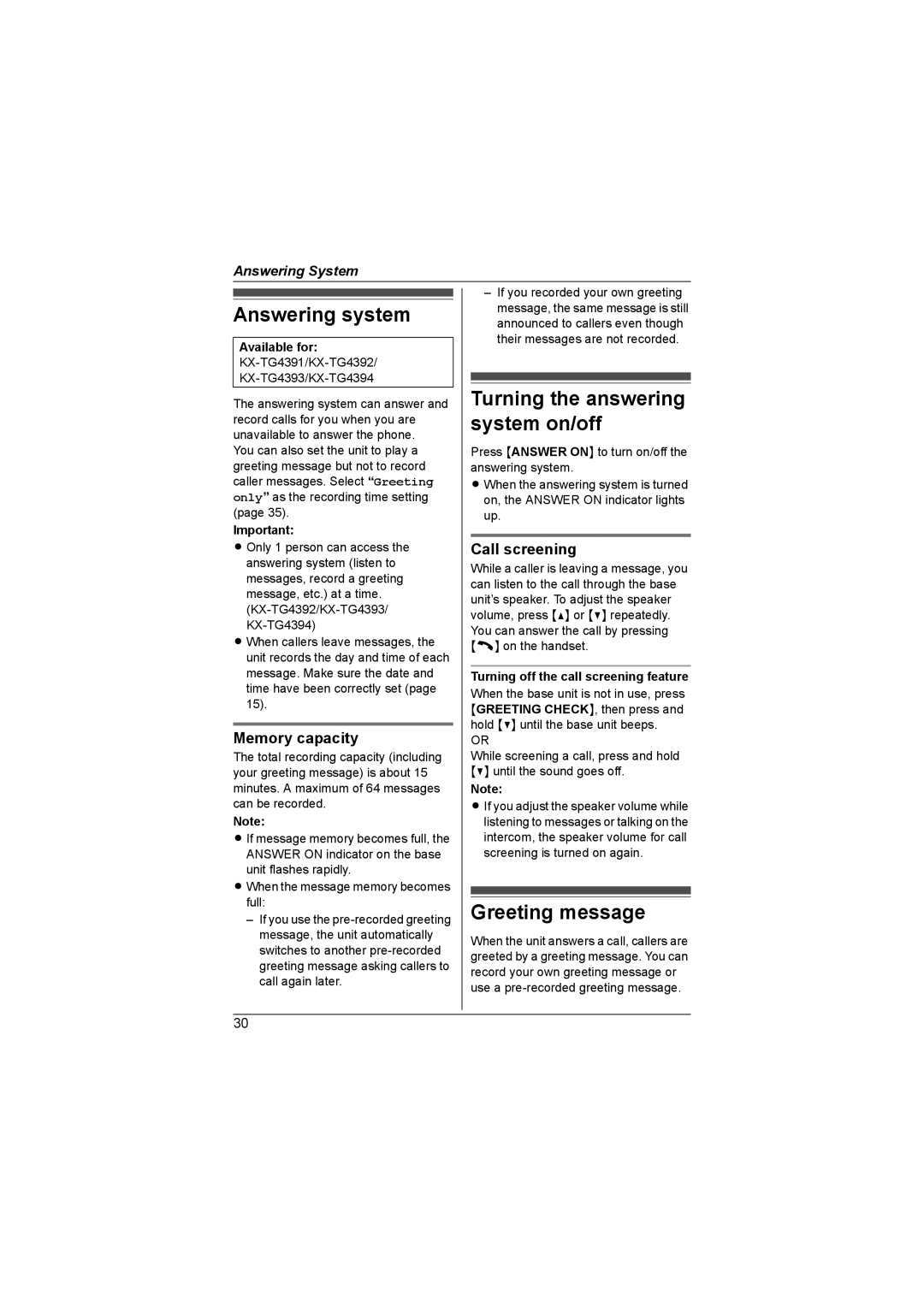 Panasonic KX-TG4393AL Answering system, Turning the answering system on/off, Greeting message, Memory capacity 