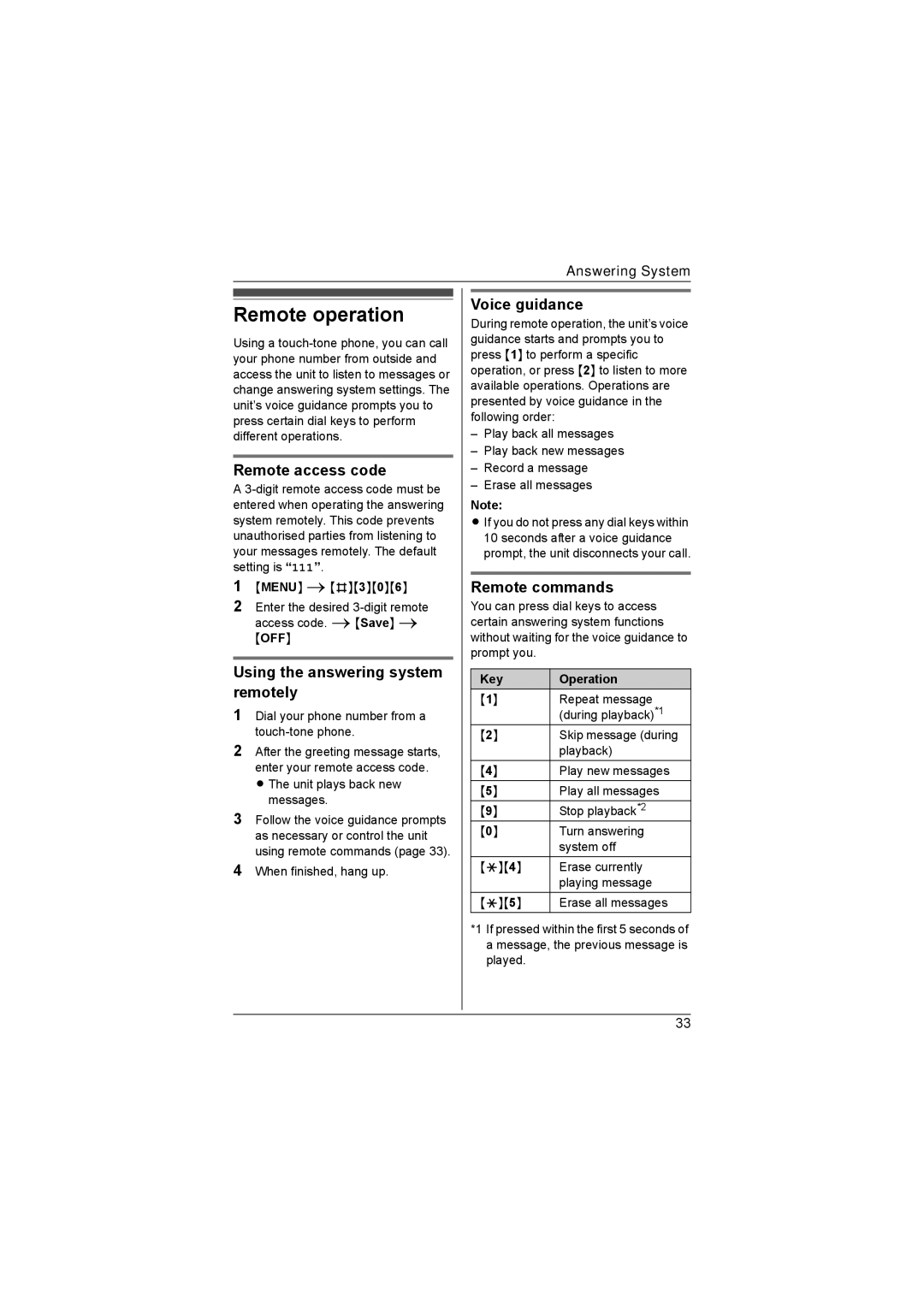 Panasonic KX-TG4394AL Remote operation, Remote access code, Using the answering system remotely, Remote commands 