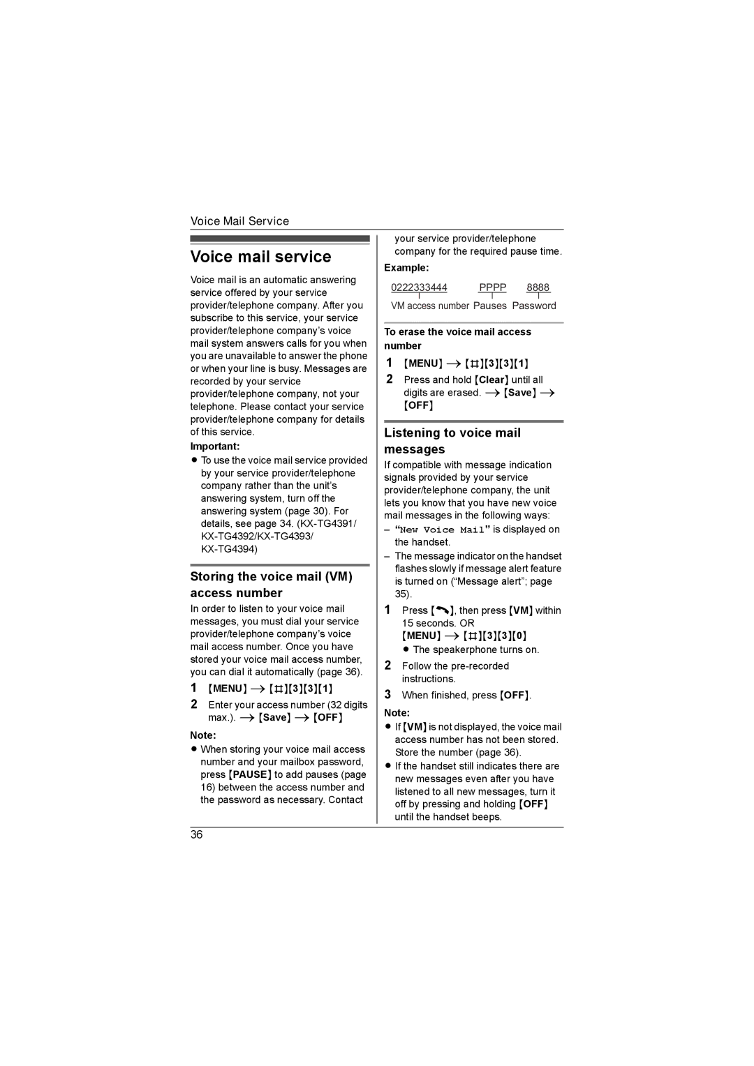 Panasonic KX-TG4392AL Voice mail service, Storing the voice mail VM access number, Listening to voice mail messages 