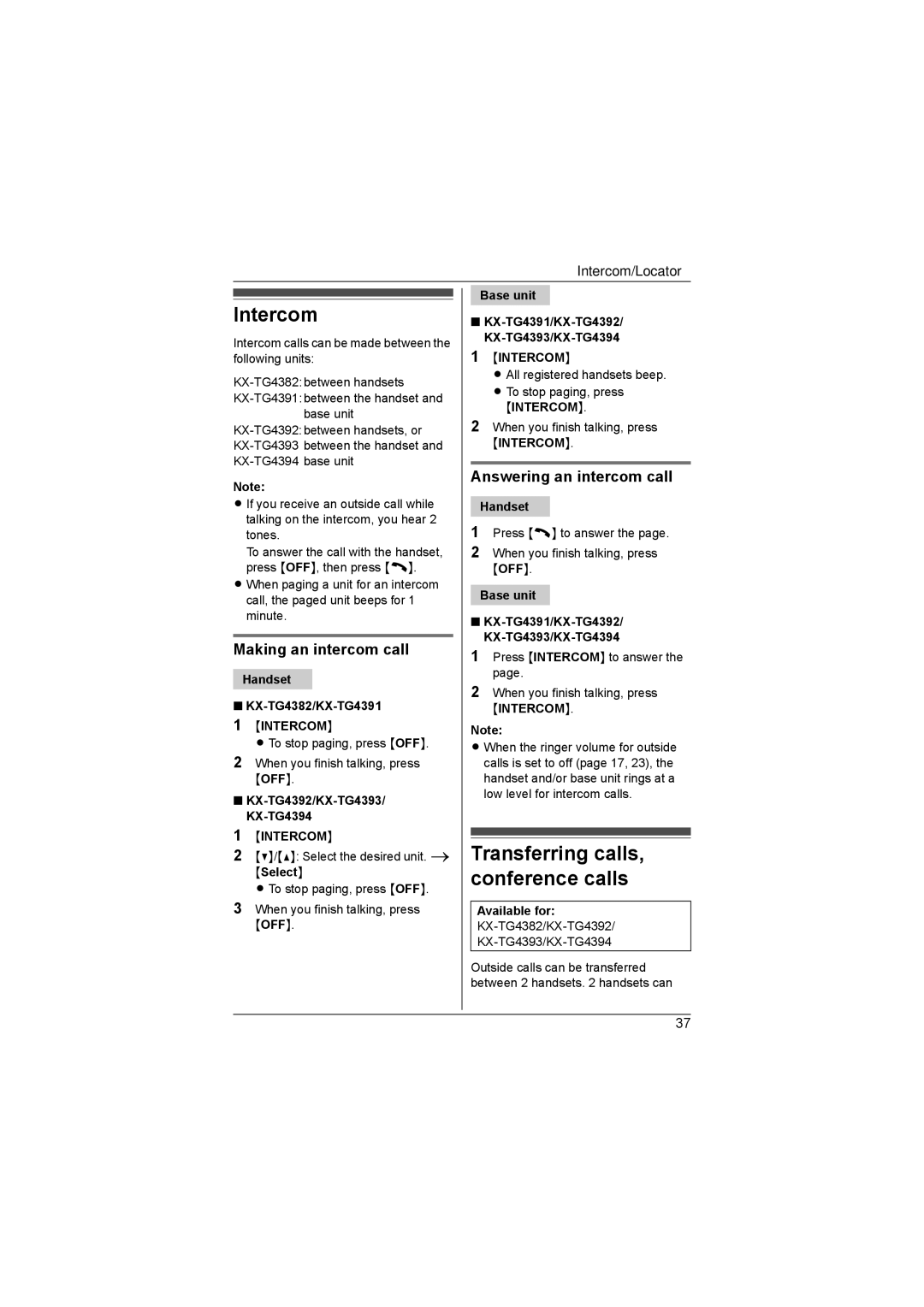 Panasonic KX-TG4381AL Intercom, Transferring calls, conference calls, Making an intercom call, Answering an intercom call 