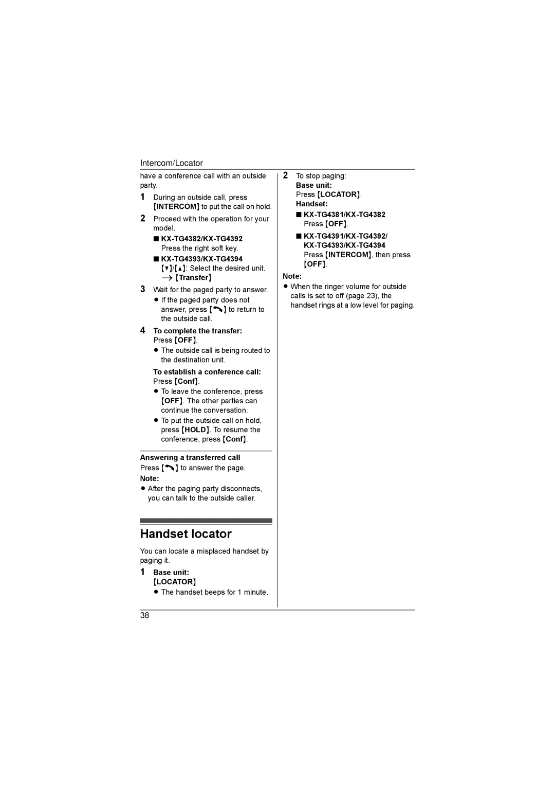 Panasonic KX-TG4394AL Handset locator, To complete the transfer Press OFF, To establish a conference call Press Conf 