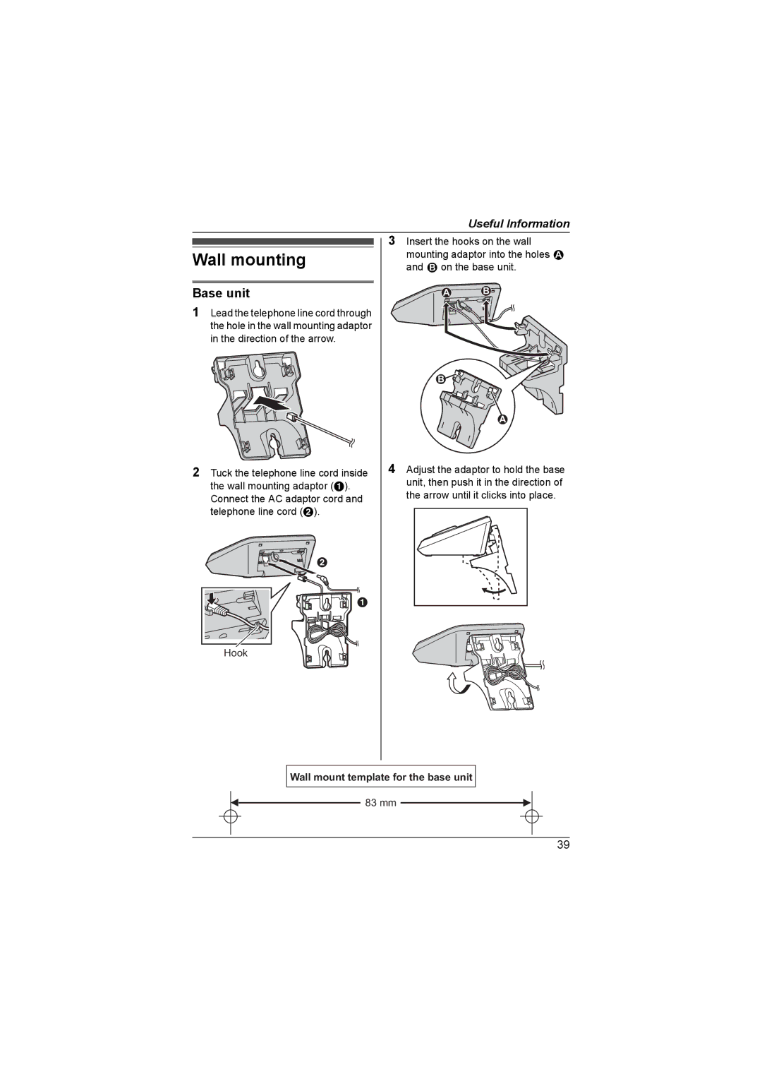 Panasonic KX-TG4382AL, KX-TG4393AL, KX-TG4392AL, KX-TG4381AL Wall mounting, Wall mount template for the base unit 