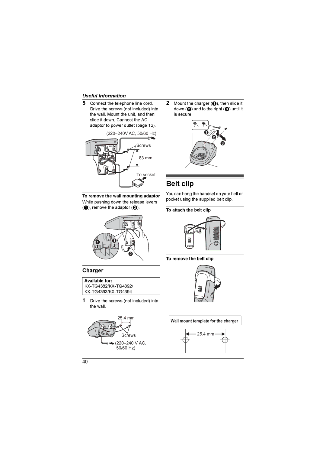 Panasonic KX-TG4393AL, KX-TG4392AL, KX-TG4381AL, KX-TG4394AL, KX-TG4382AL operating instructions Belt clip, Charger 