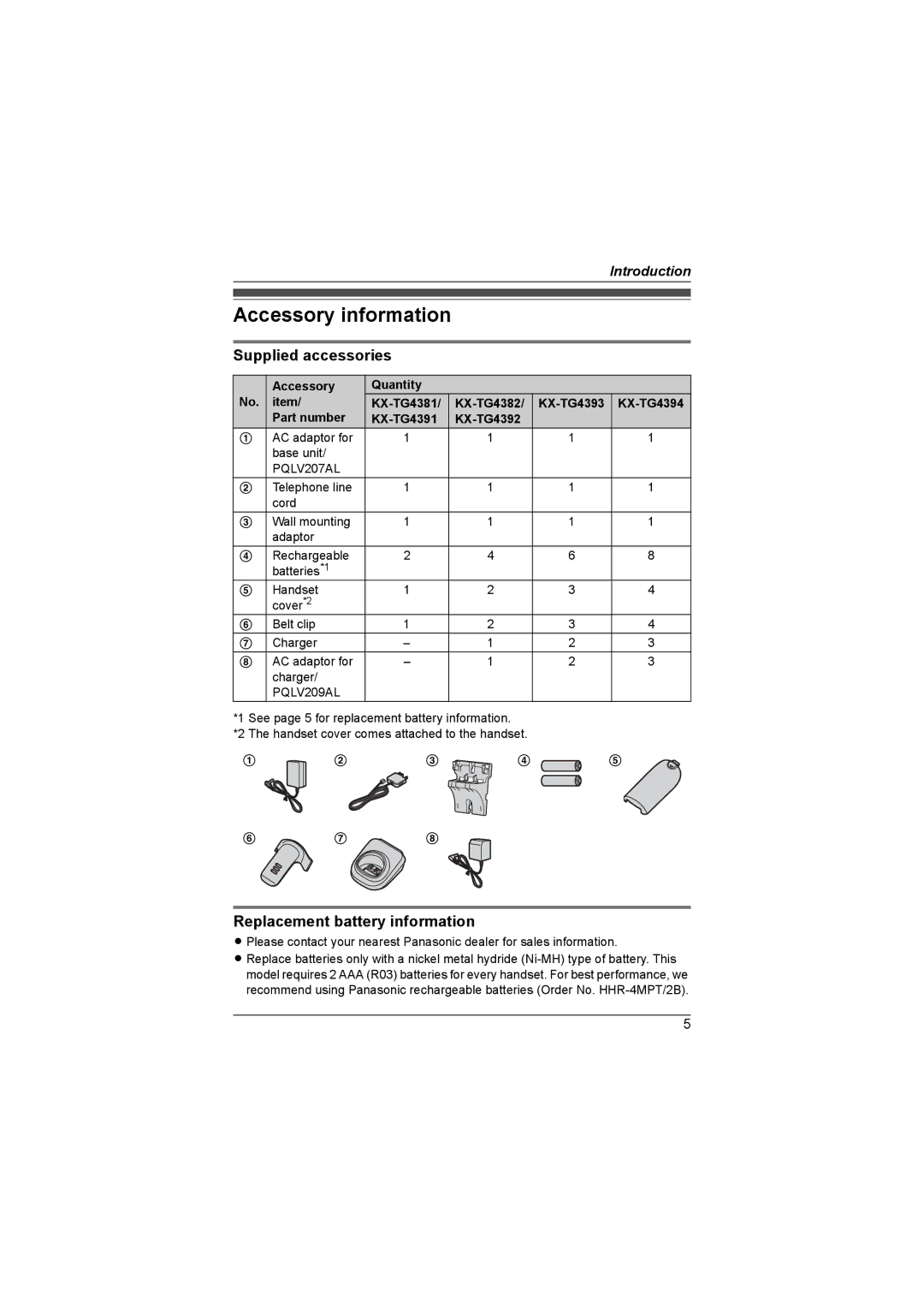 Panasonic KX-TG4393AL, KX-TG4392AL Accessory information, Supplied accessories, Replacement battery information 