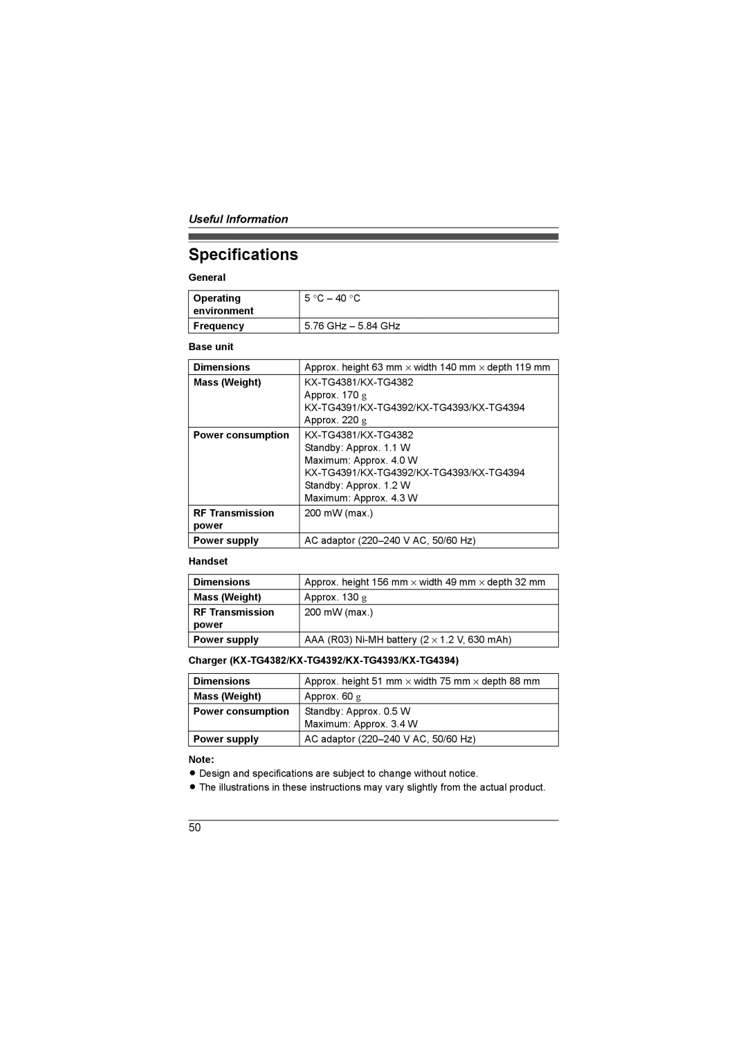 Panasonic KX-TG4393AL, KX-TG4392AL, KX-TG4381AL, KX-TG4394AL, KX-TG4382AL operating instructions Specifications 