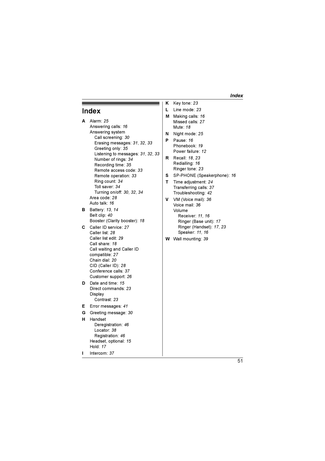 Panasonic KX-TG4392AL, KX-TG4393AL, KX-TG4381AL, KX-TG4394AL, KX-TG4382AL operating instructions Index 